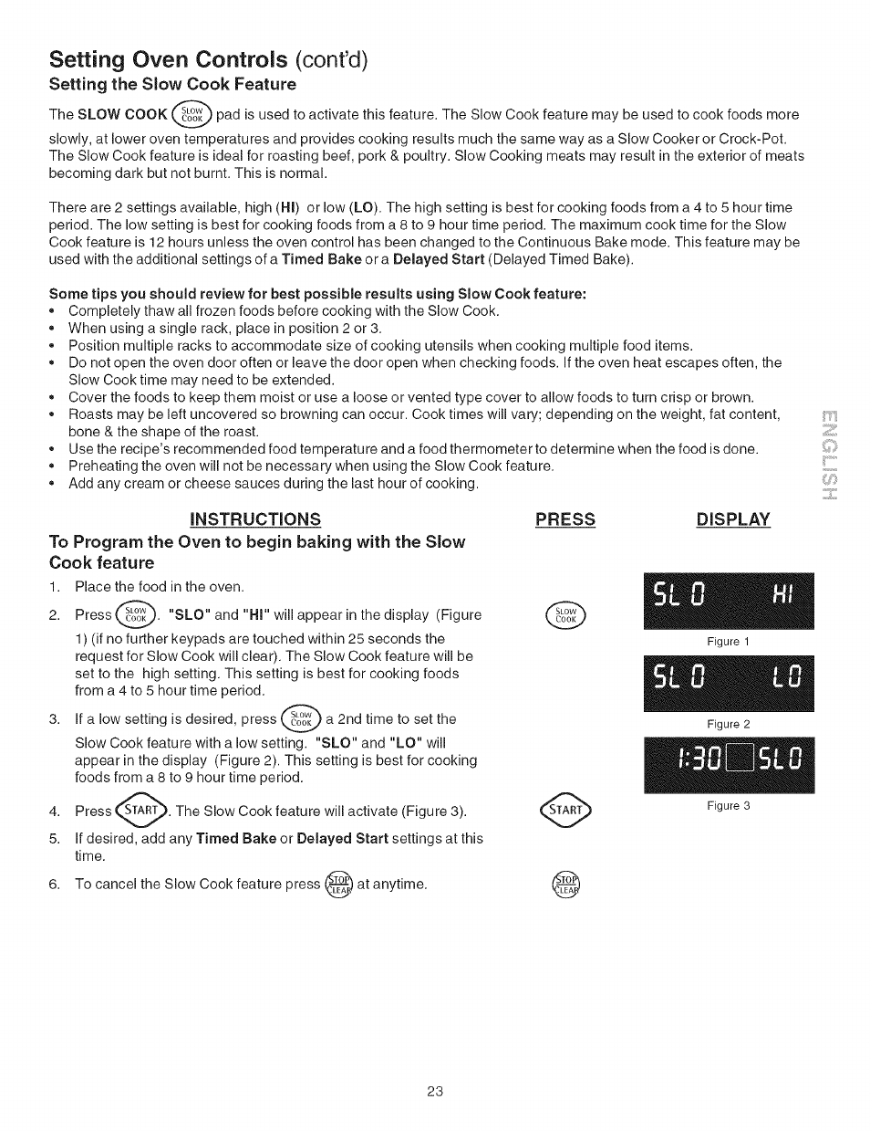 Instructions, Press, Display | Setting oven controls (cont’d), Press display | Kenmore ELECTRIC RANGE 790.4660 User Manual | Page 23 / 44