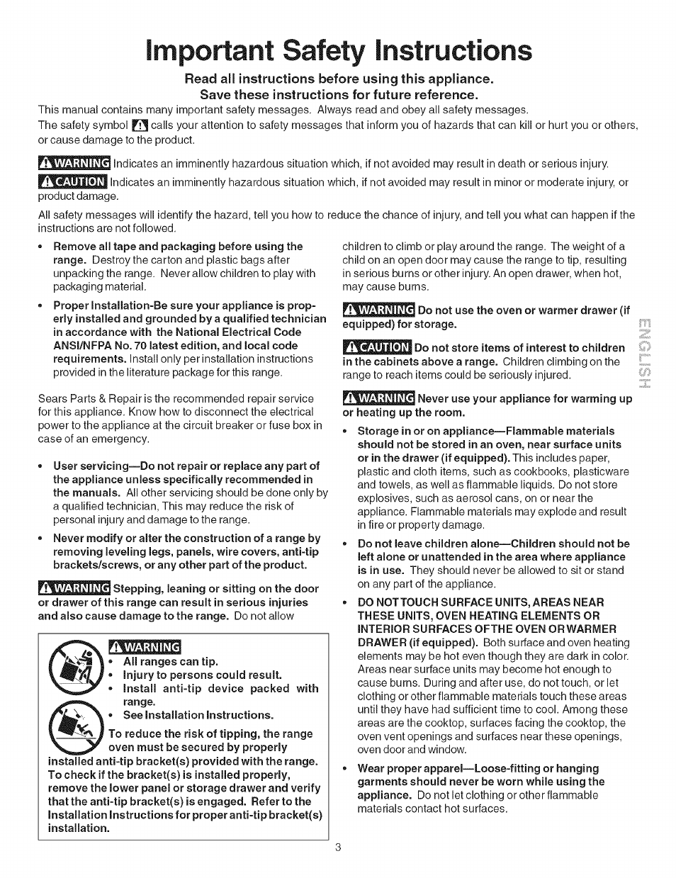 Save these instructions for future reference, Important safety instructions | Kenmore ELECTRIC RANGE 790.4660 User Manual | Page 3 / 44