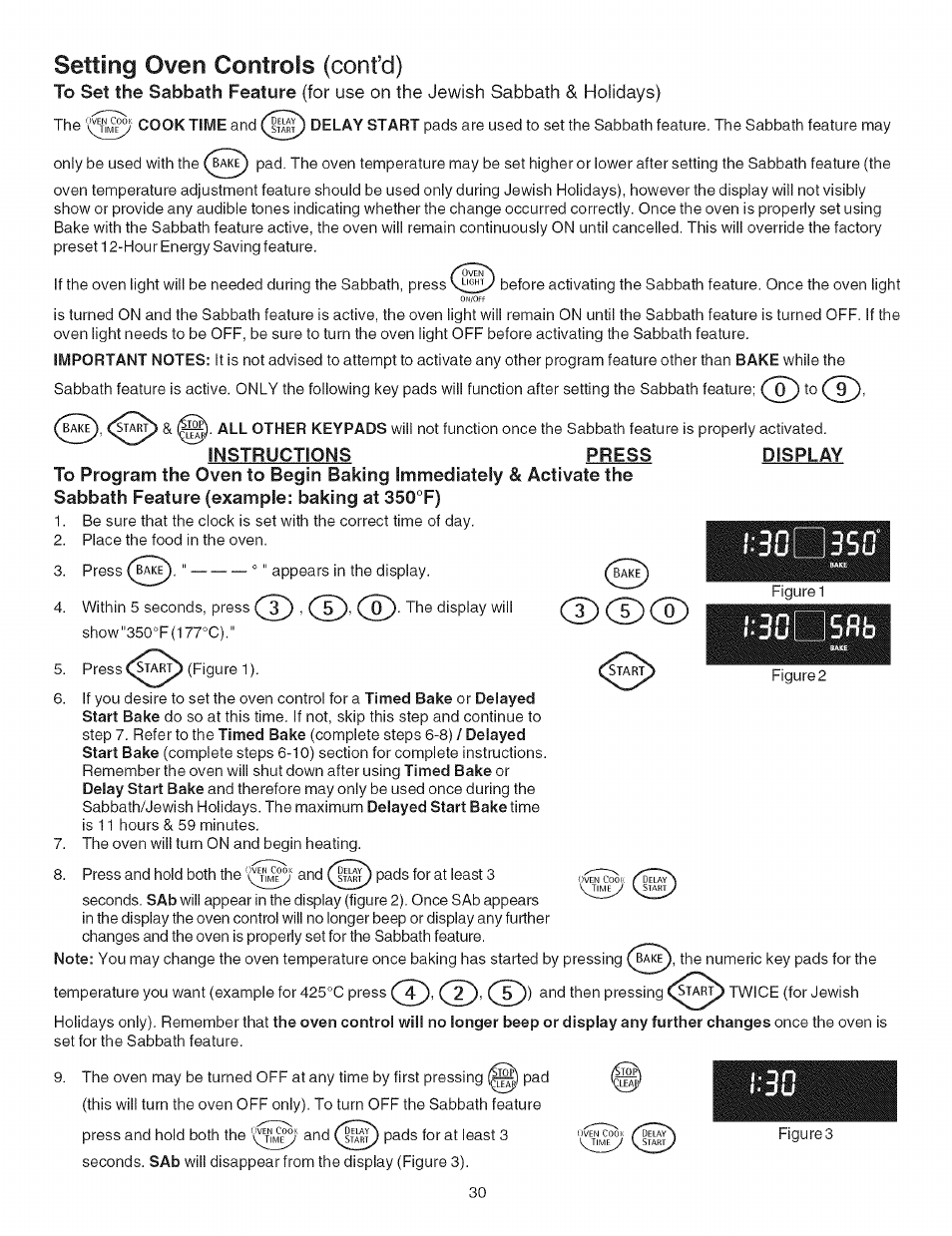 Instructions, Press, Display | Cd (d, Cd cd cd, Setting oven controls (confd) | Kenmore ELECTRIC RANGE 790.4660 User Manual | Page 30 / 44