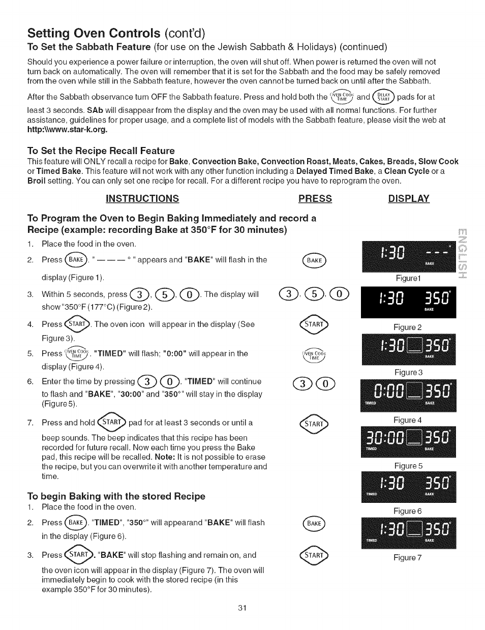To set the recipe recall feature, Instructions, Press | Display, To begin baking with the stored recipe, Л-пп, U'uu, Эппп, Cd cd cd, Cd cd | Kenmore ELECTRIC RANGE 790.4660 User Manual | Page 31 / 44