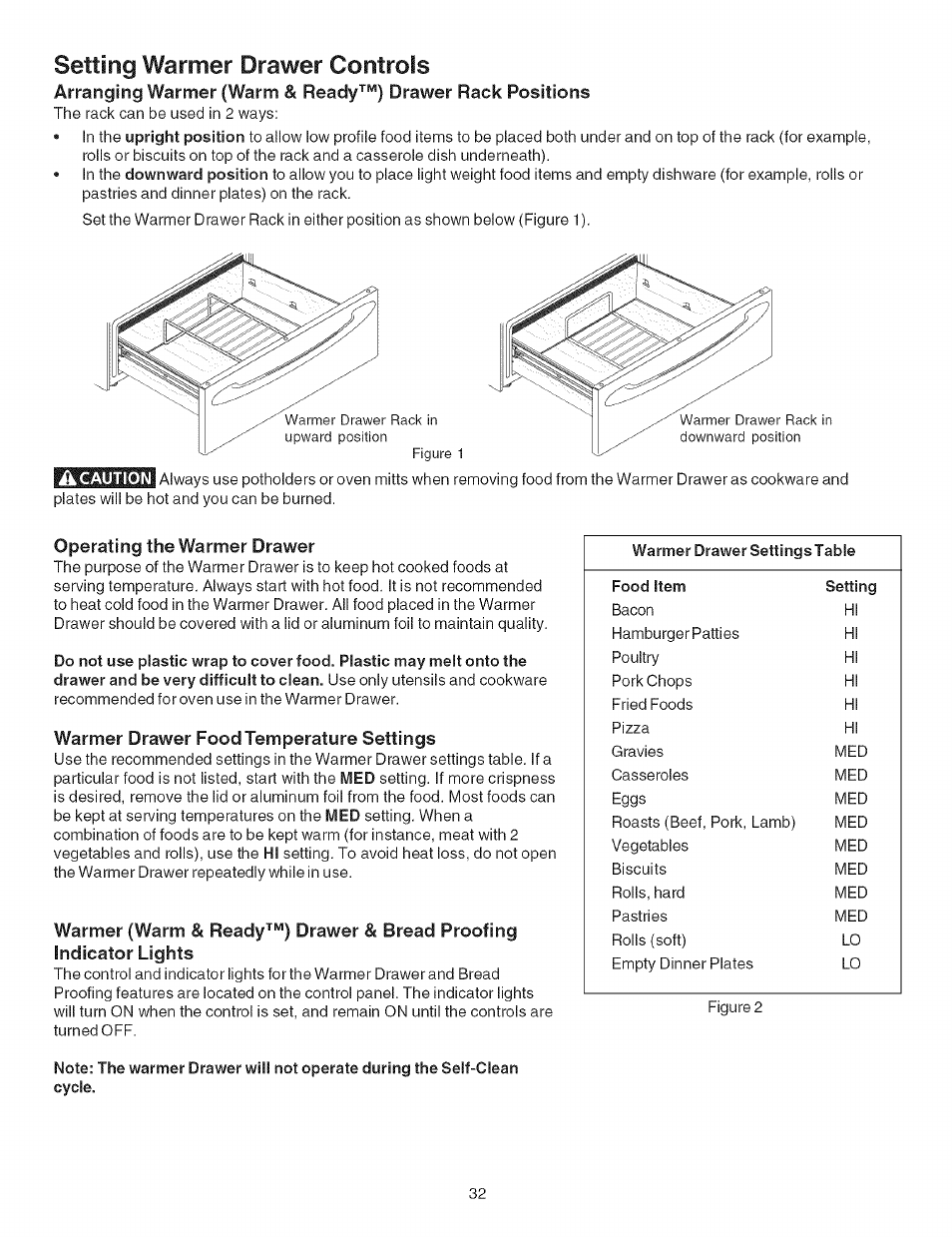 Setting warmer drawer controls, Operating the warmer drawer, Warmer drawer food temperature settings | Warmer (warm, Ready^“) drawer & bread proofing indicator lights | Kenmore ELECTRIC RANGE 790.4660 User Manual | Page 32 / 44