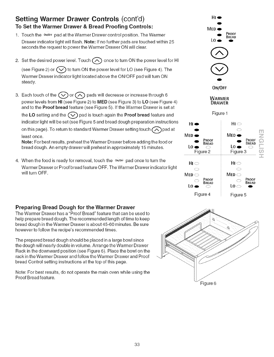 To set the warmer drawer & bread proofing controls, Preparing bread dough for the warmer drawer, Setting warmer drawer controls (confd) | Kenmore ELECTRIC RANGE 790.4660 User Manual | Page 33 / 44