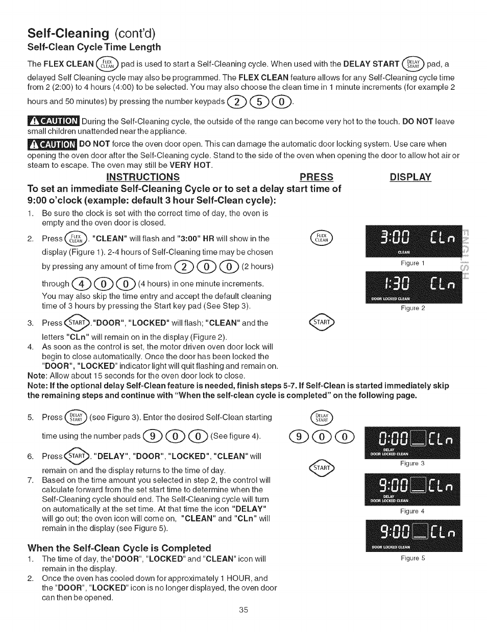 Seif-cleaning (confd), Self-clean cycle time length, A caution | Instructions press display, When the self-clean cycle is completed, U-pu, L l n, N n n | Kenmore ELECTRIC RANGE 790.4660 User Manual | Page 35 / 44