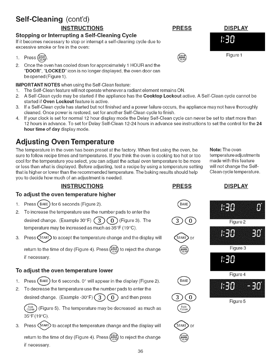 Instructions press, Instructions, To adjust the oven temperature higher | To adjust the oven temperature lower, Adjusting the oven temperature, Self-cleaning (confd) adjusting oven temperature, Liiliiiliil | Kenmore ELECTRIC RANGE 790.4660 User Manual | Page 36 / 44