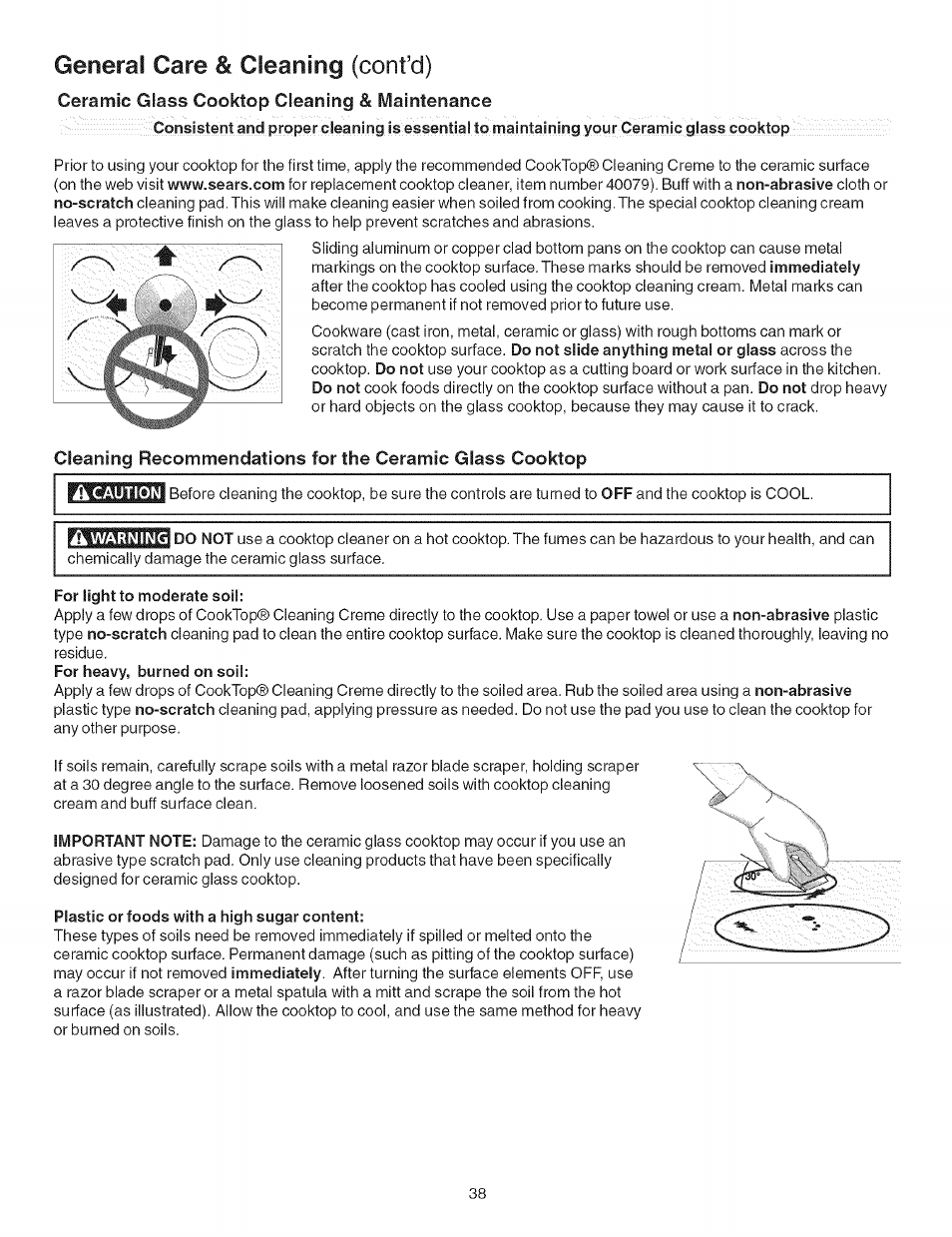 Ceramic glass cooktop cleaning & maintenance, General care & cleaning (confd) | Kenmore ELECTRIC RANGE 790.4660 User Manual | Page 38 / 44