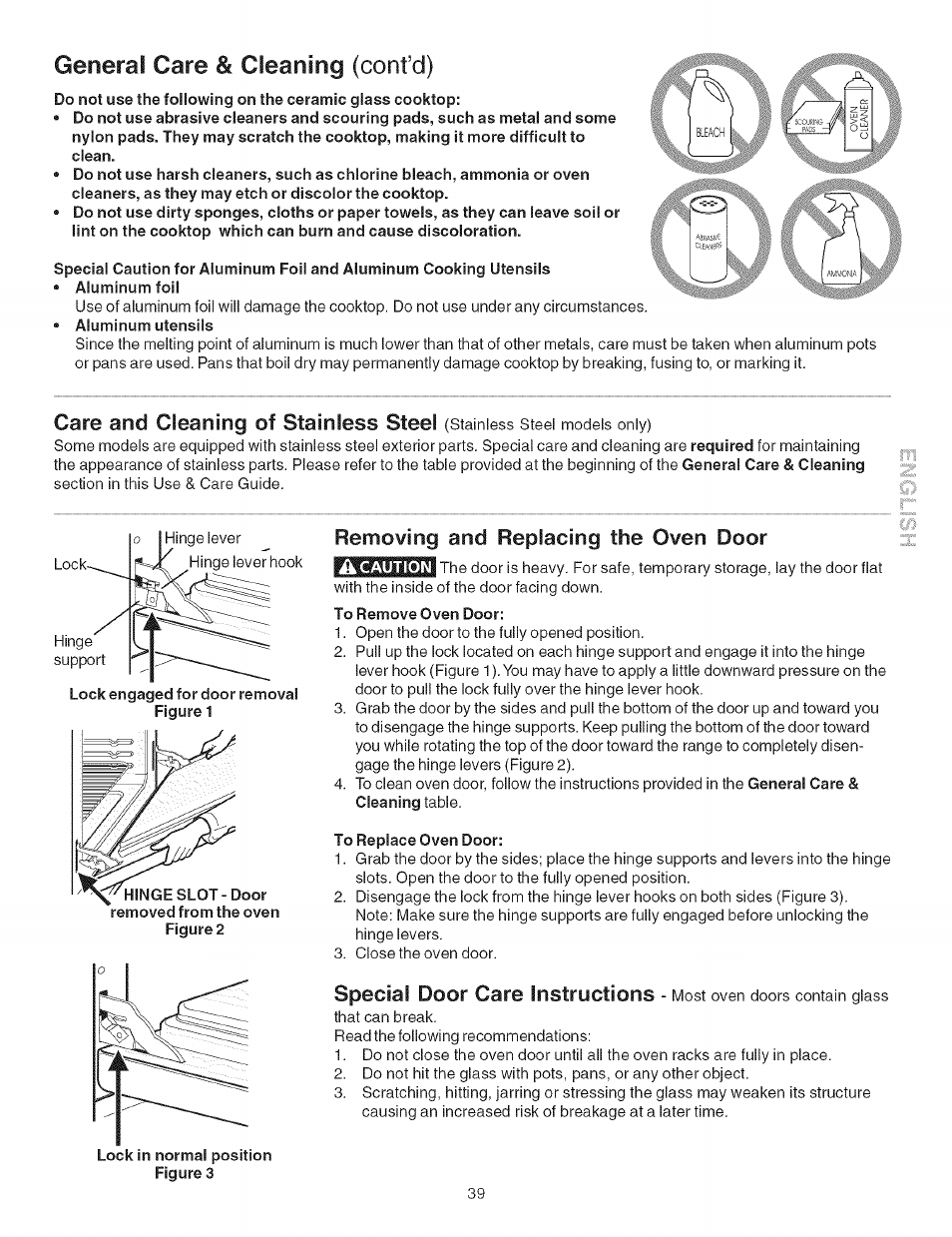 Removing and replacing the oven door, General care & cleaning (confcl), Care and cleaning of stainless steel | Special door care instructions | Kenmore ELECTRIC RANGE 790.4660 User Manual | Page 39 / 44