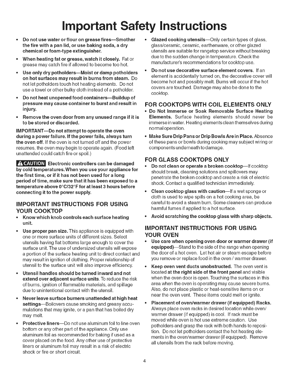 Important instructions for using your cooktop, For cooktops with coil elements only, For glass cooktops only | Important instructions for using your oven, Important safety instructions | Kenmore ELECTRIC RANGE 790.4660 User Manual | Page 4 / 44