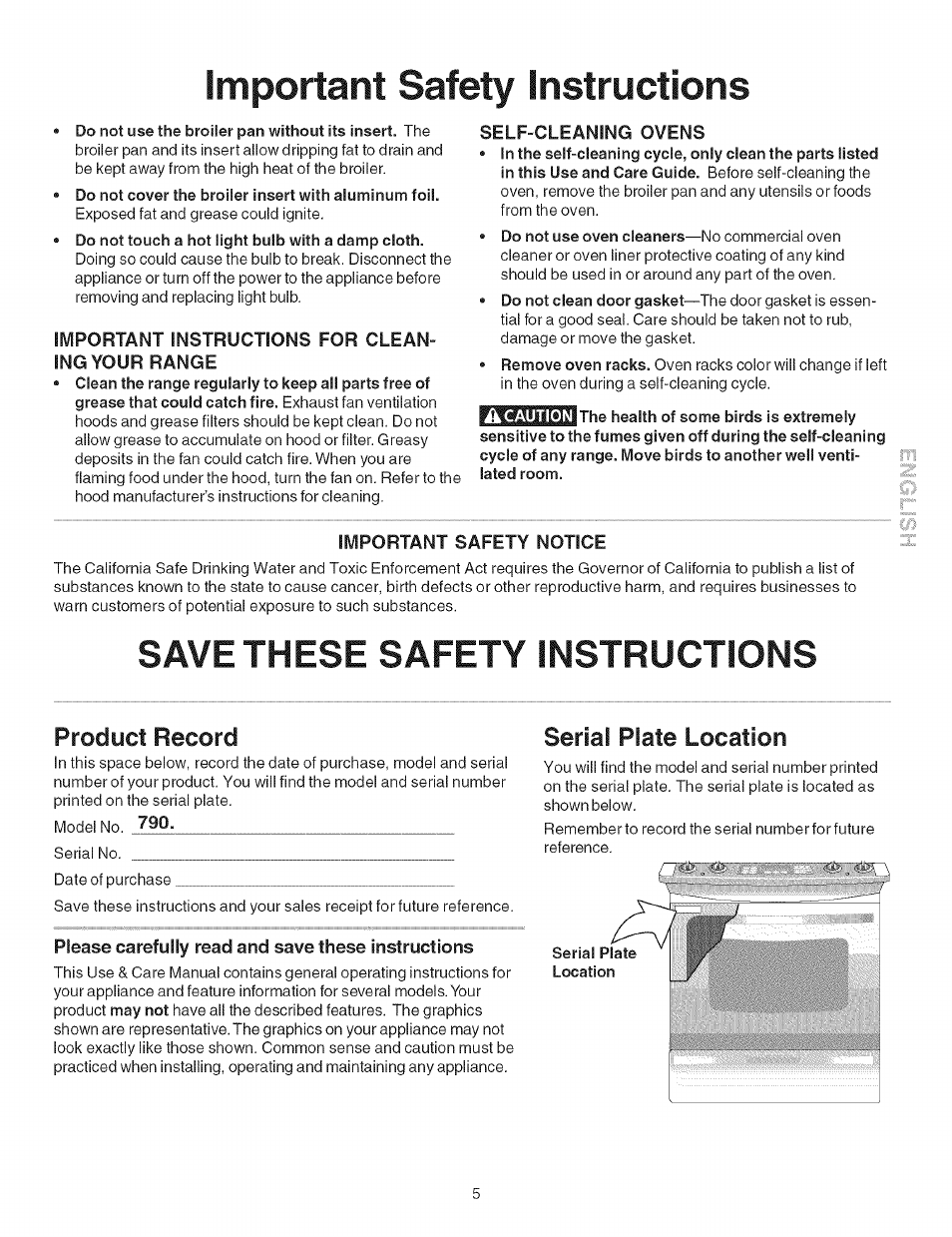 Important instructions for cleaning your range, Self-cleaning ovens, Important safety notice | Please carefully read and save these instructions, Important safety instructions -5, Important safety instructions, Save these safety instructions, Plate, Product record, Serial | Kenmore ELECTRIC RANGE 790.4660 User Manual | Page 5 / 44
