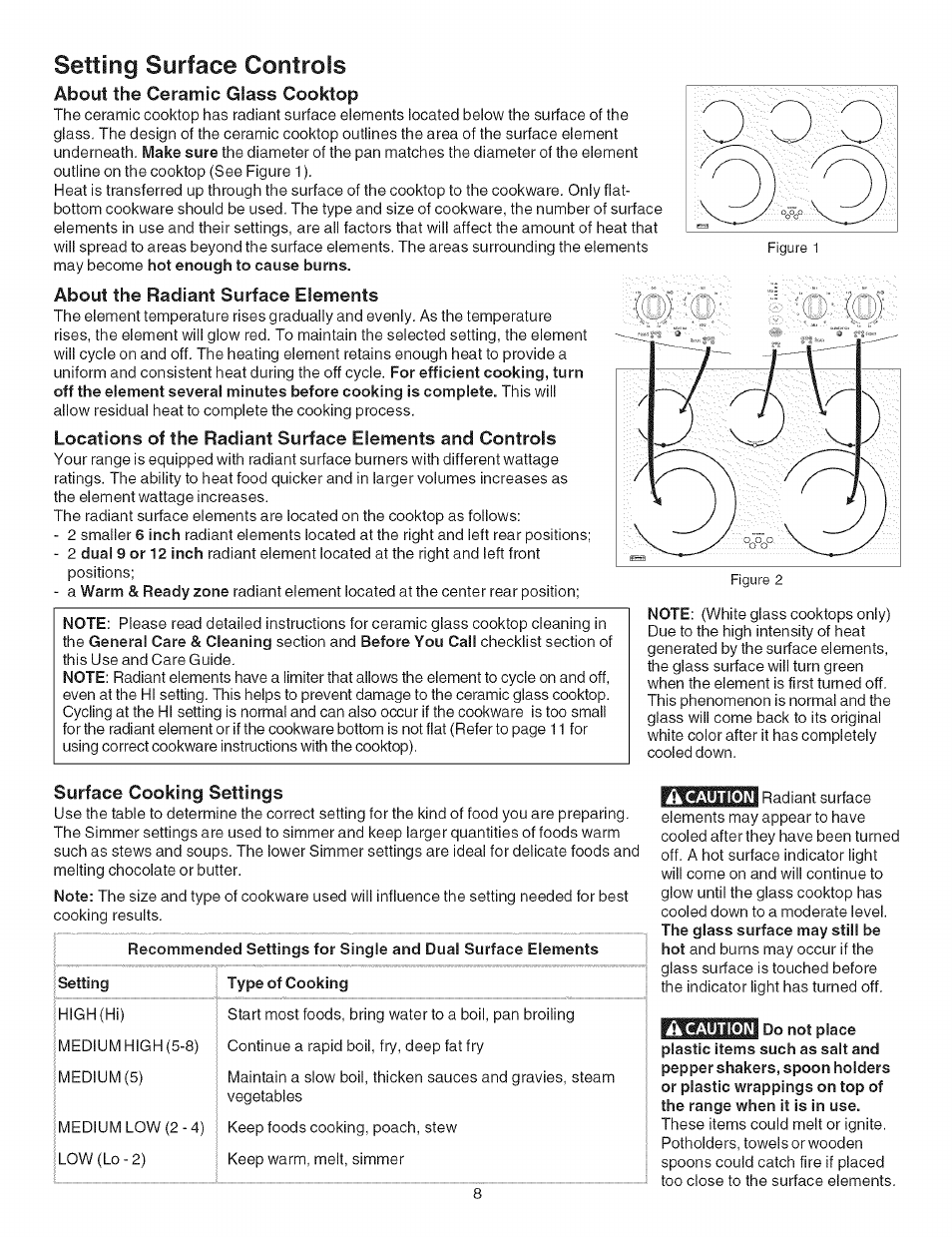 About the ceramic glass cooktop, About the radiant surface elements, Surface cooking settings | Setting surface controls | Kenmore ELECTRIC RANGE 790.4660 User Manual | Page 8 / 44