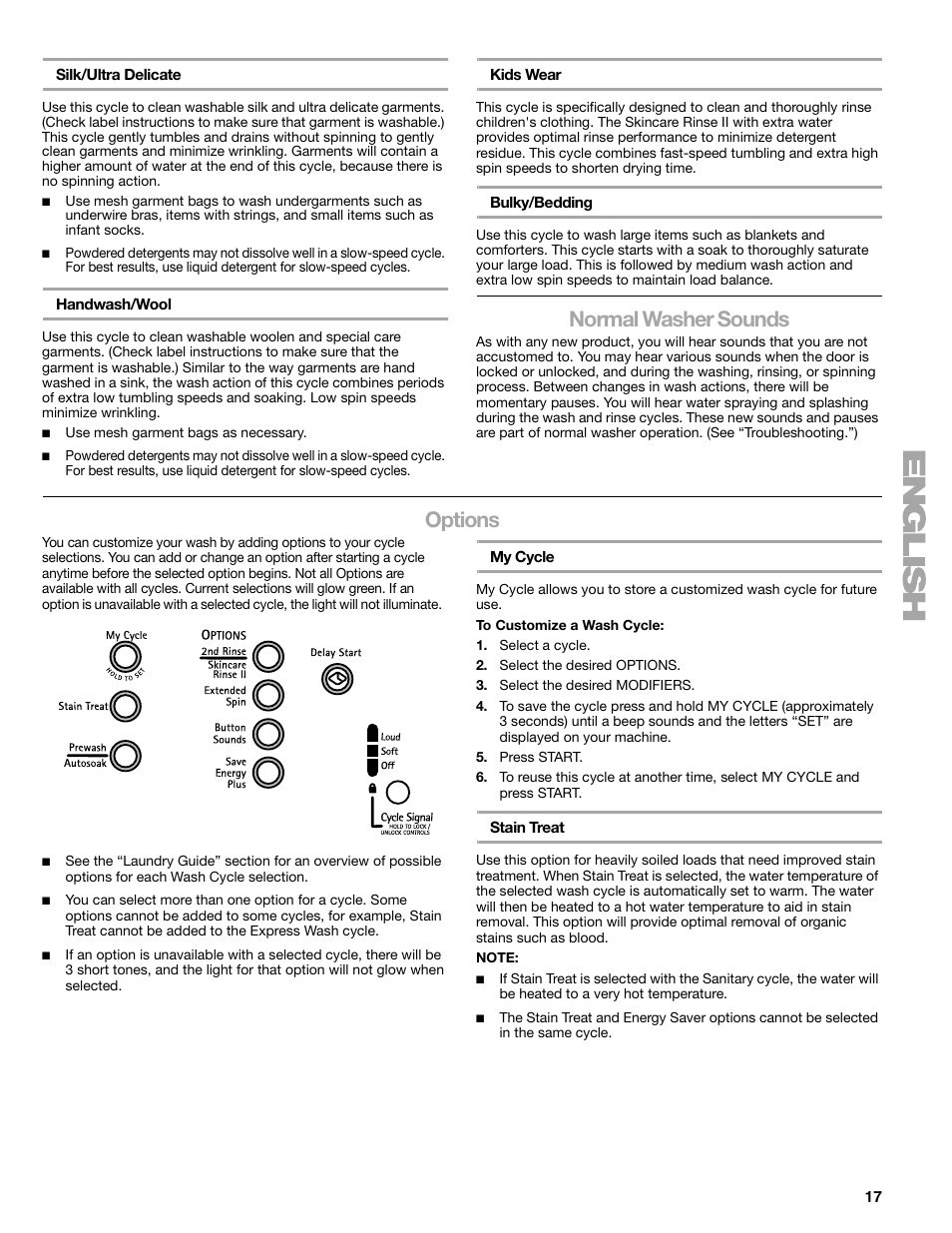 Normal washer sounds, Options | Kenmore ELITE HE5T User Manual | Page 17 / 80
