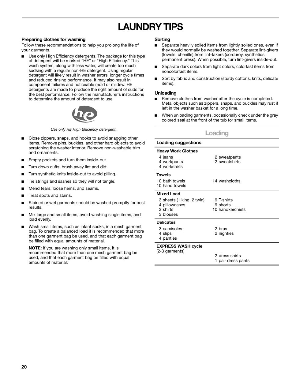 Laundry tips, Loading | Kenmore ELITE HE5T User Manual | Page 20 / 80