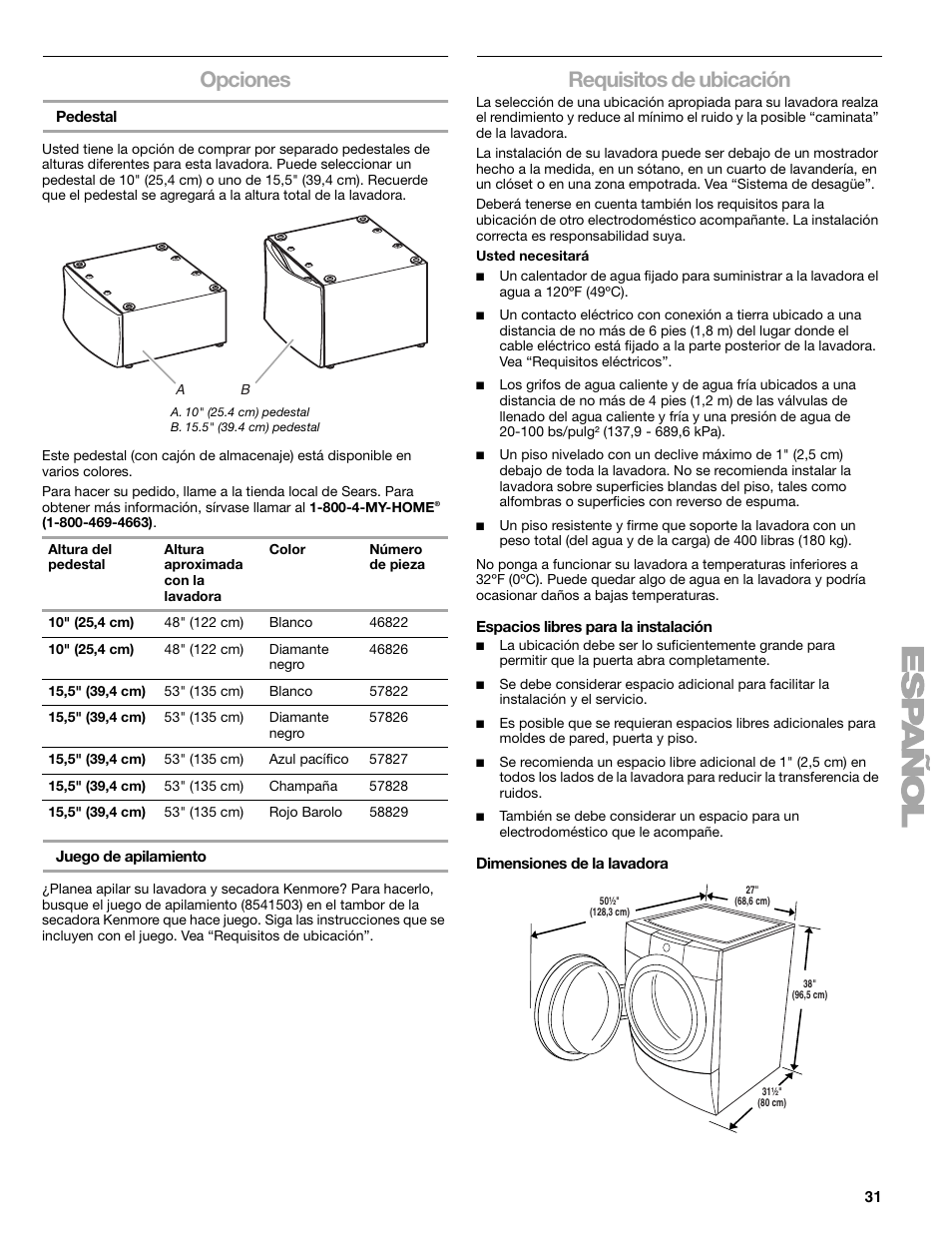 Opciones, Requisitos de ubicación | Kenmore ELITE HE5T User Manual | Page 31 / 80