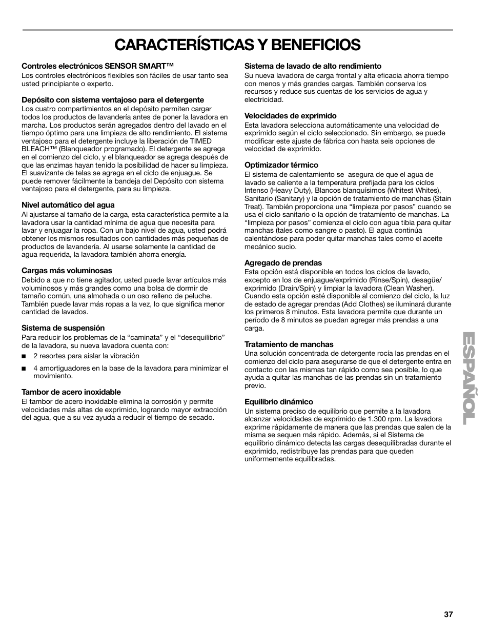 Características y beneficios | Kenmore ELITE HE5T User Manual | Page 37 / 80