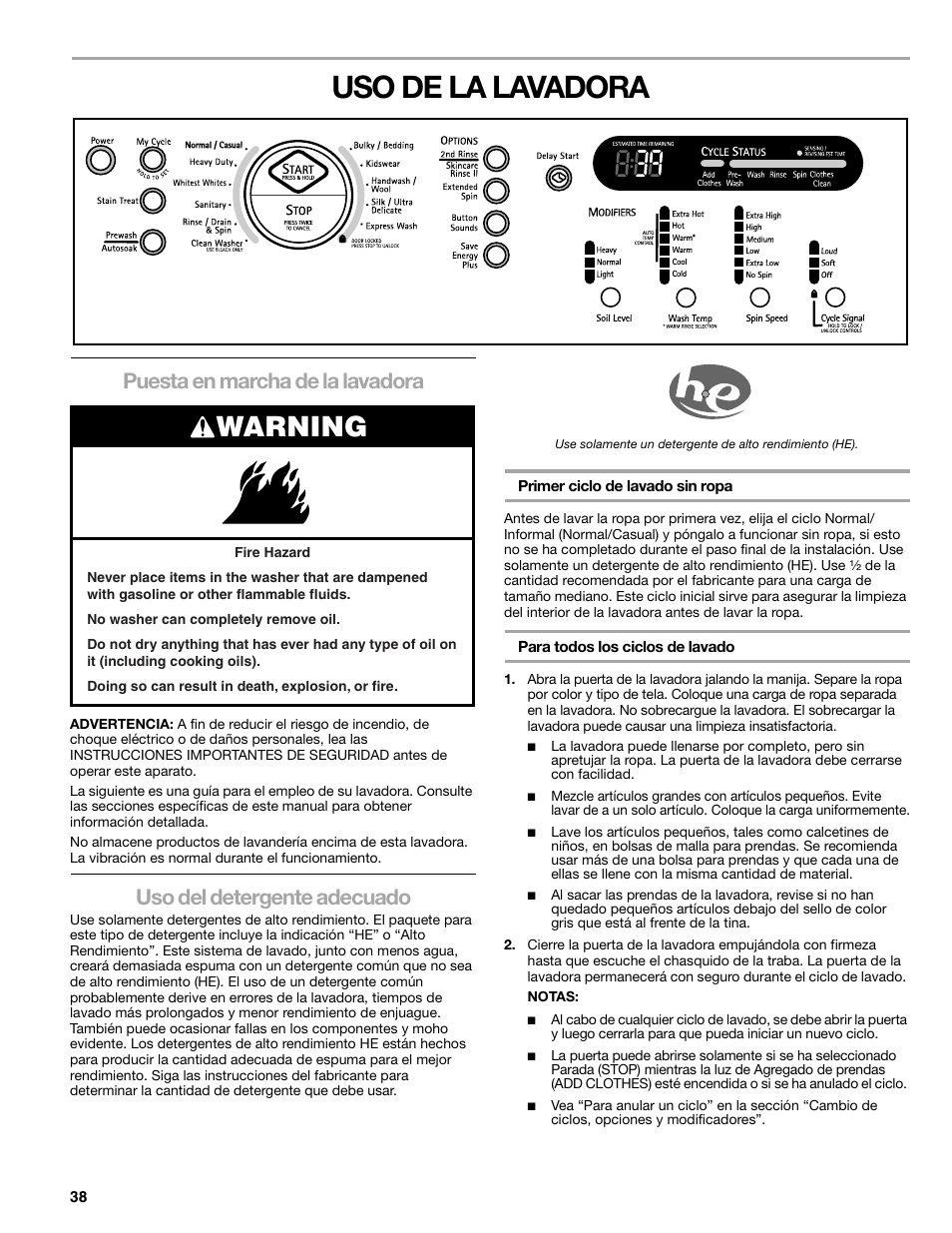 Uso de la lavadora, Warning, Puesta en marcha de la lavadora | Uso del detergente adecuado | Kenmore ELITE HE5T User Manual | Page 38 / 80