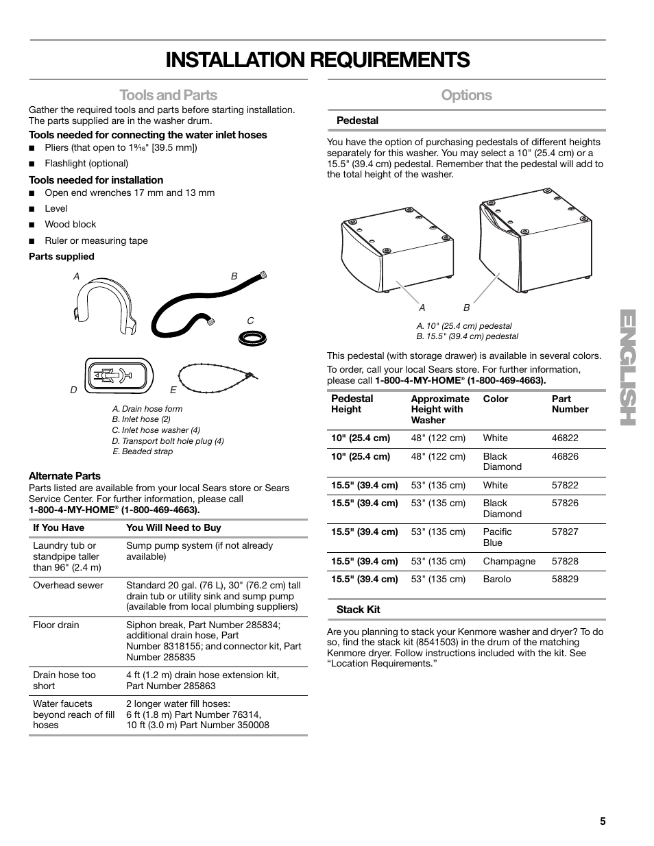 Installation requirements, Tools and parts, Options | Kenmore ELITE HE5T User Manual | Page 5 / 80