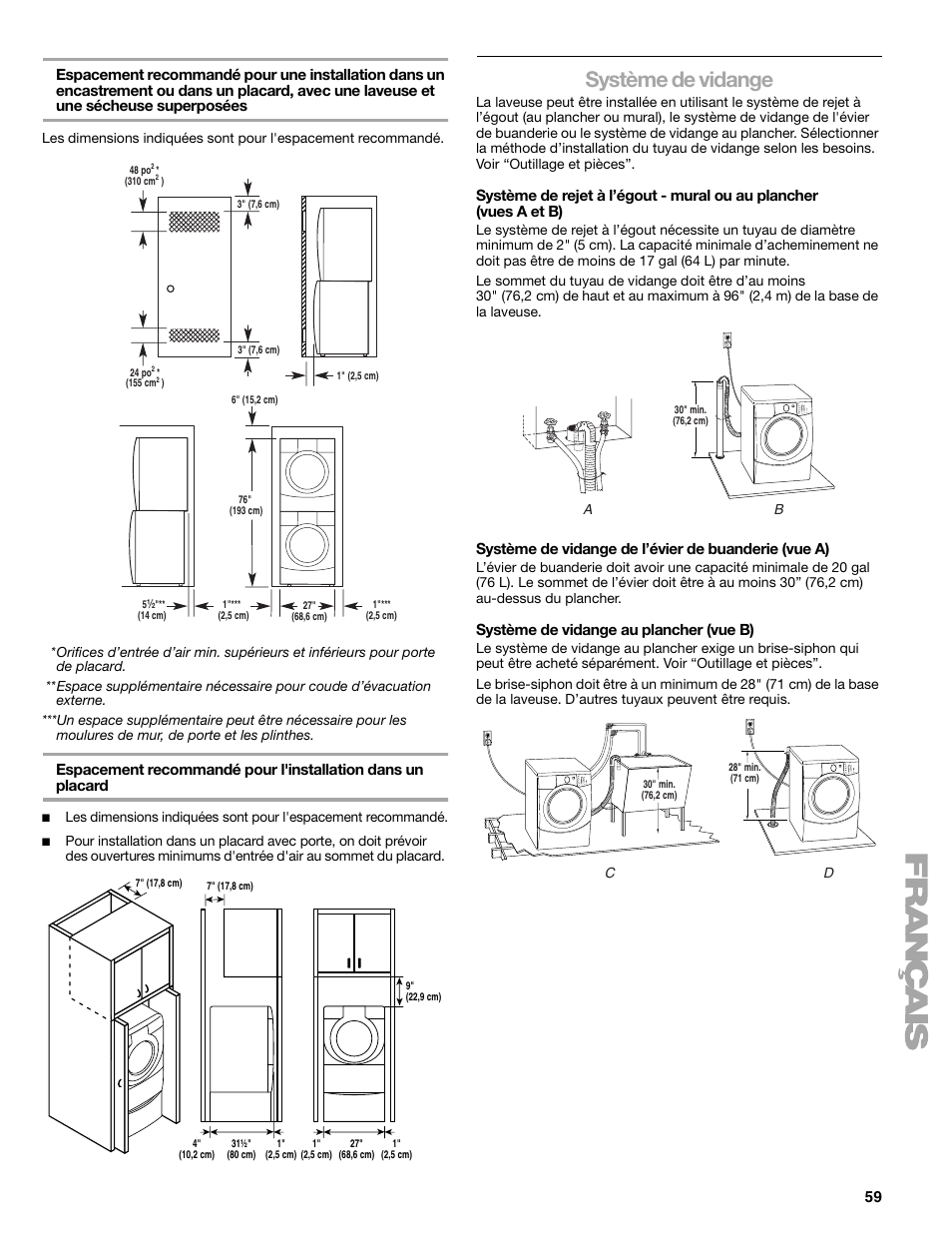 Système de vidange, Système de vidange de l’évier de buanderie (vue a), Système de vidange au plancher (vue b) | Kenmore ELITE HE5T User Manual | Page 59 / 80