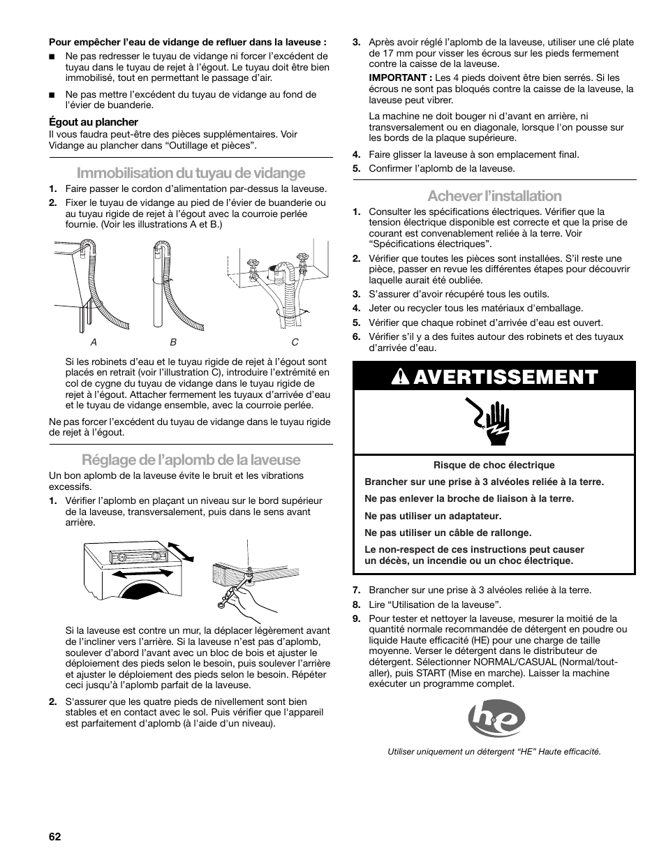 Avertissement, Immobilisation du tuyau de vidange, Réglage de l’aplomb de la laveuse | Achever l’installation | Kenmore ELITE HE5T User Manual | Page 62 / 80