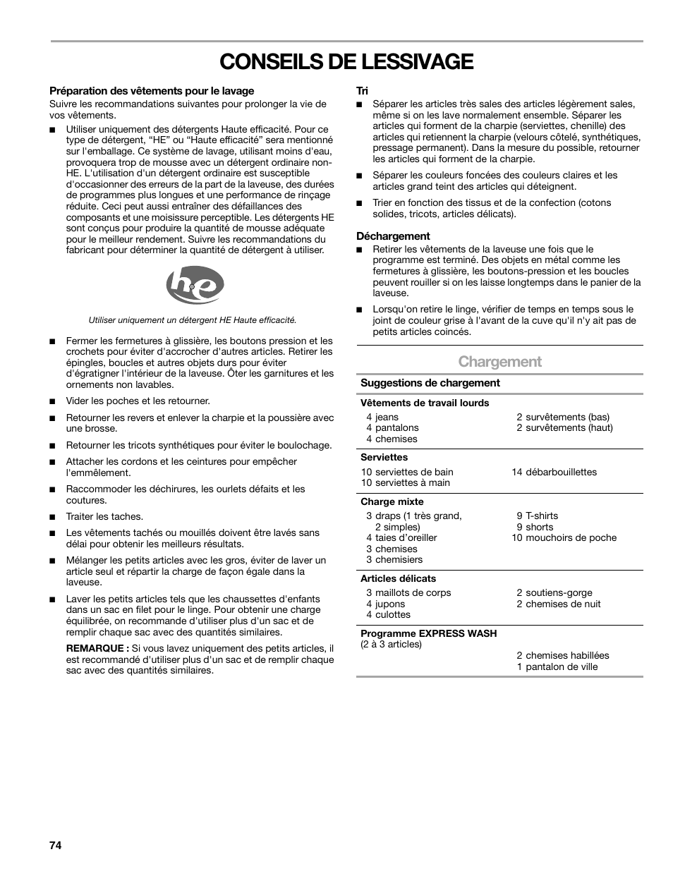 Conseils de lessivage, Chargement | Kenmore ELITE HE5T User Manual | Page 74 / 80