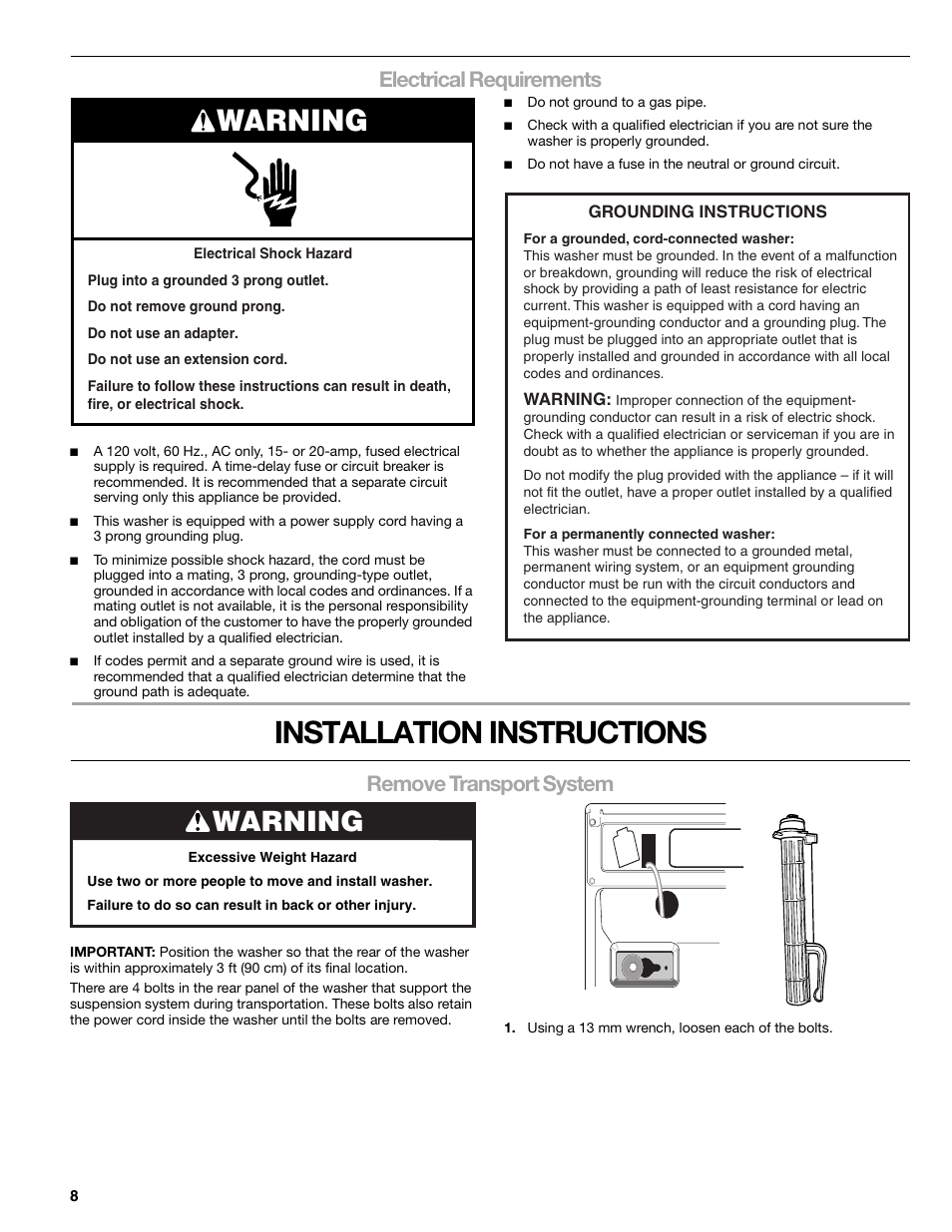 Installation instructions, Warning, Electrical requirements | Remove transport system | Kenmore ELITE HE5T User Manual | Page 8 / 80