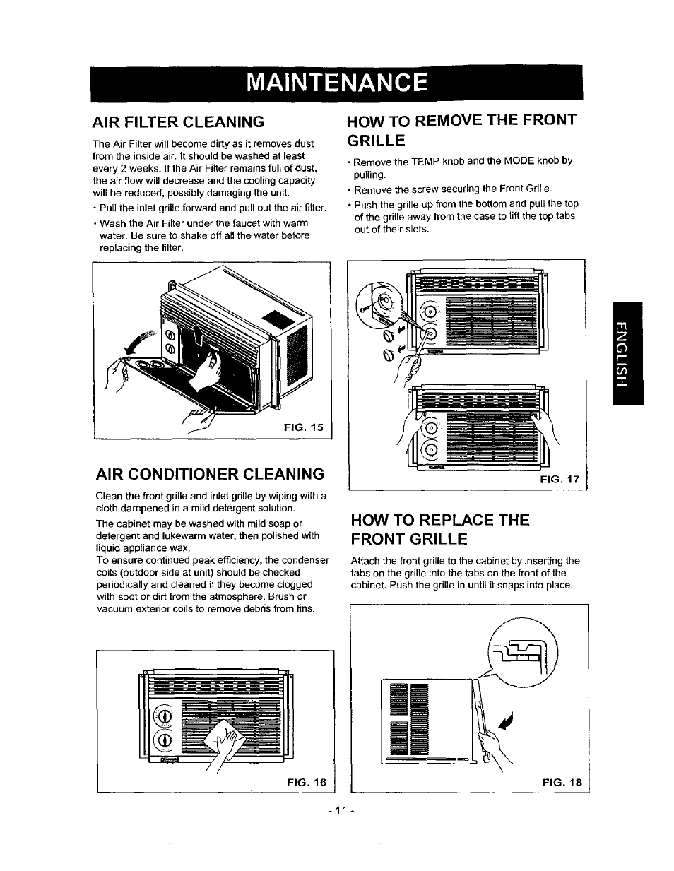 Air filter cleaning, How to remove the front, Grille | Air conditioner cleaning, How to replace the front grille, How to remove the front grille, Maintenance | Kenmore 580.72053 User Manual | Page 11 / 23