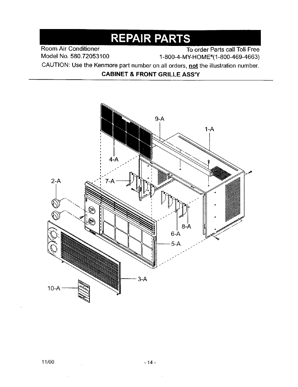 Repair parts, Cabinet & front grille ass'y | Kenmore 580.72053 User Manual | Page 14 / 23