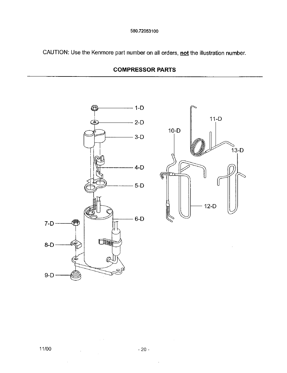 Compressor parts | Kenmore 580.72053 User Manual | Page 20 / 23