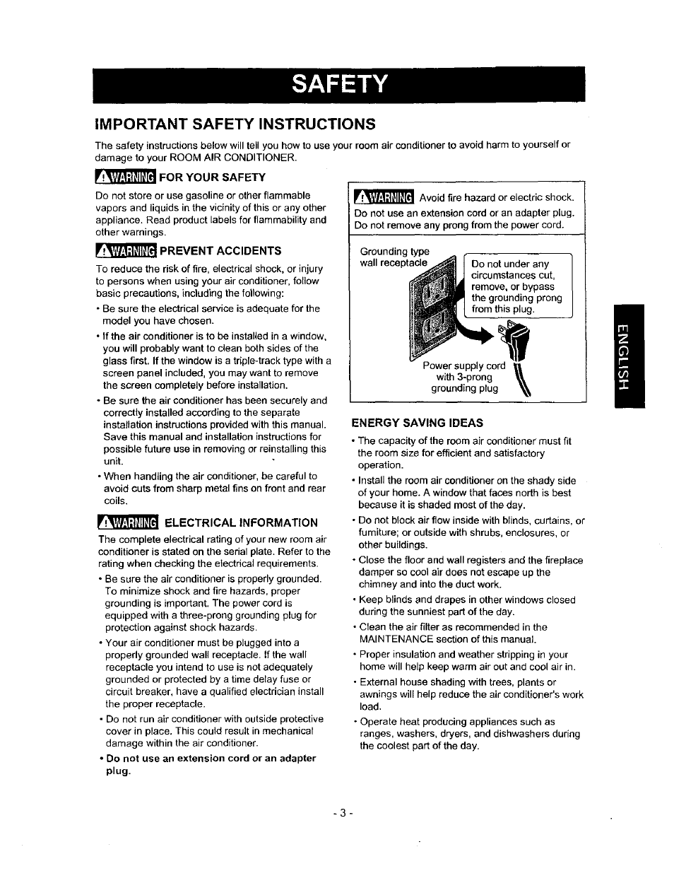 Safety, For your safety, Prevent accidents | Electrical information, Energy saving ideas, Important safety instructions, Awarning | Kenmore 580.72053 User Manual | Page 3 / 23