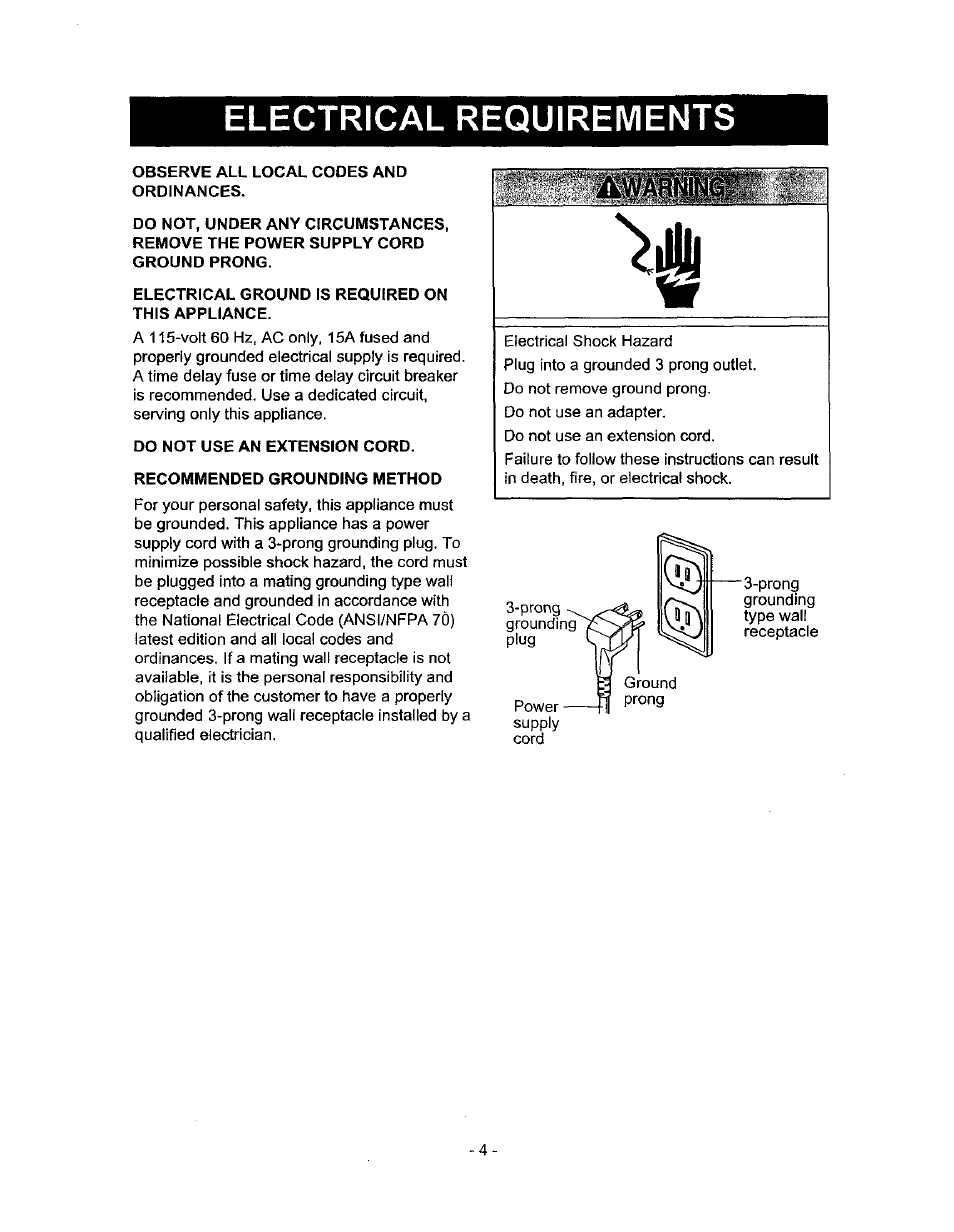 Electrical requirements, Observe all local codes and ordinances, Electrical ground is required on this appliance | Do not use an extension cord, Recommended grounding method | Kenmore 580.72053 User Manual | Page 4 / 23