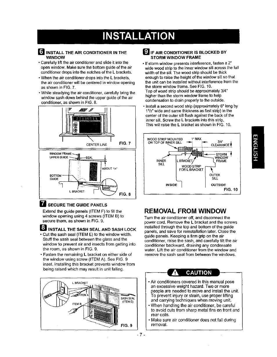 Removal from window, A caution, Installation | Caution | Kenmore 580.72053 User Manual | Page 7 / 23