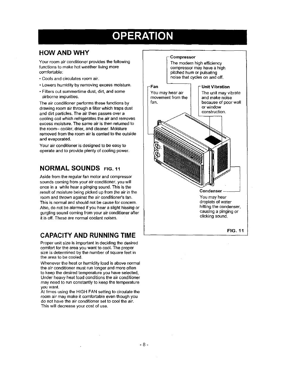 How and why, Normal sounds fig.h, Capacity and running time | Normal sounds, Operation | Kenmore 580.72053 User Manual | Page 8 / 23