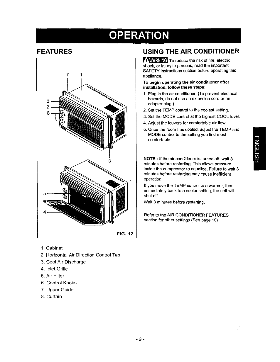 Using the air conditioner, Operation, Features using the air conditioner a | Kenmore 580.72053 User Manual | Page 9 / 23