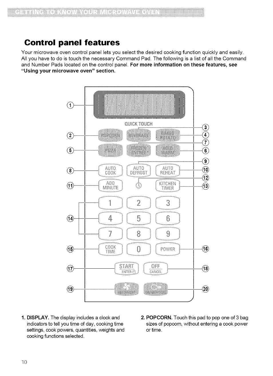 Control panel features | Kenmore 721.62759 User Manual | Page 10 / 31