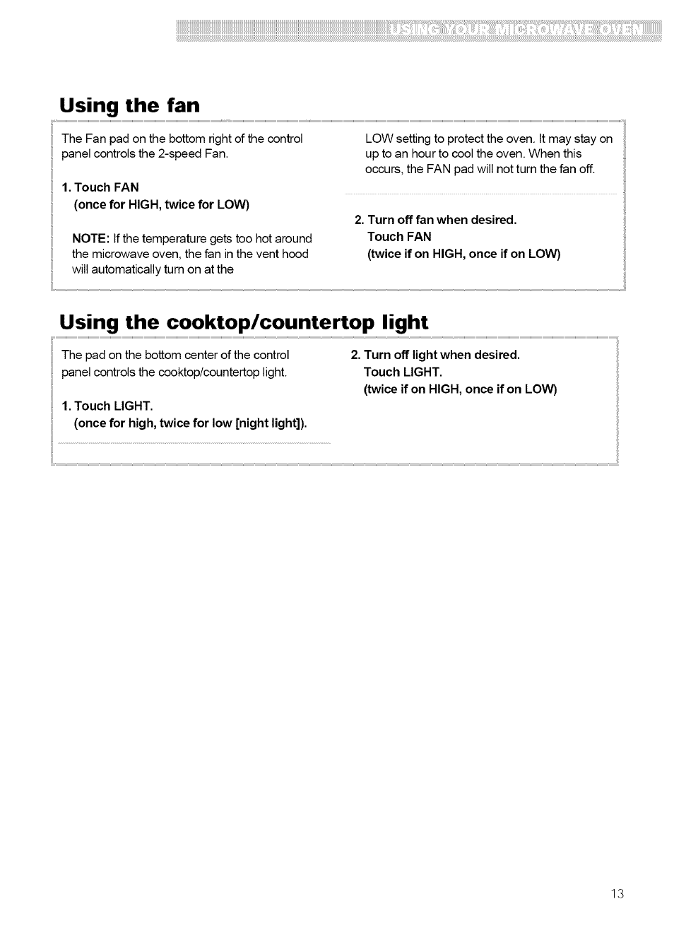 Using the fan, Touch fan, Turn off fan when desired | Using the cooktop/countertop light, Touch light, Turn off light when desired | Kenmore 721.62759 User Manual | Page 13 / 31