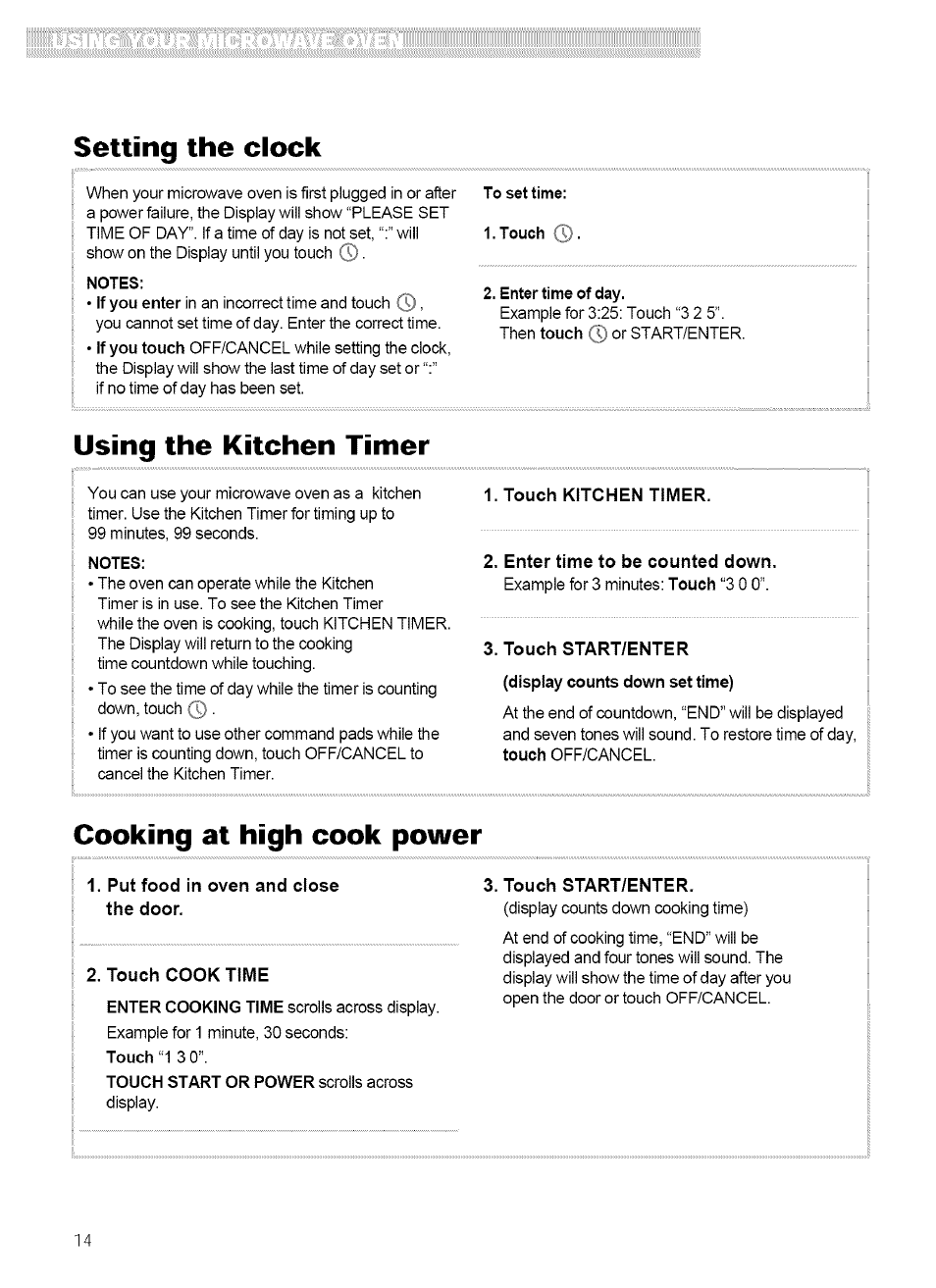 Put food in oven and close the door, Touch cook time, Touch start/enter | Setting the clock, Using the kitchen tinner, Cooking at high cook power | Kenmore 721.62759 User Manual | Page 14 / 31