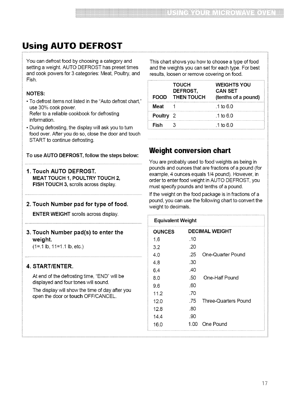 Using auto defrost, Touch auto defrost, Touch number pad(s) to enter the weight | Start/enter, Weight conversion chart | Kenmore 721.62759 User Manual | Page 17 / 31