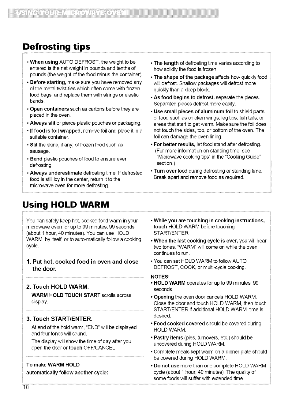 Defrosting tips, Using hold warm, T 3. touch start/enter | Kenmore 721.62759 User Manual | Page 18 / 31