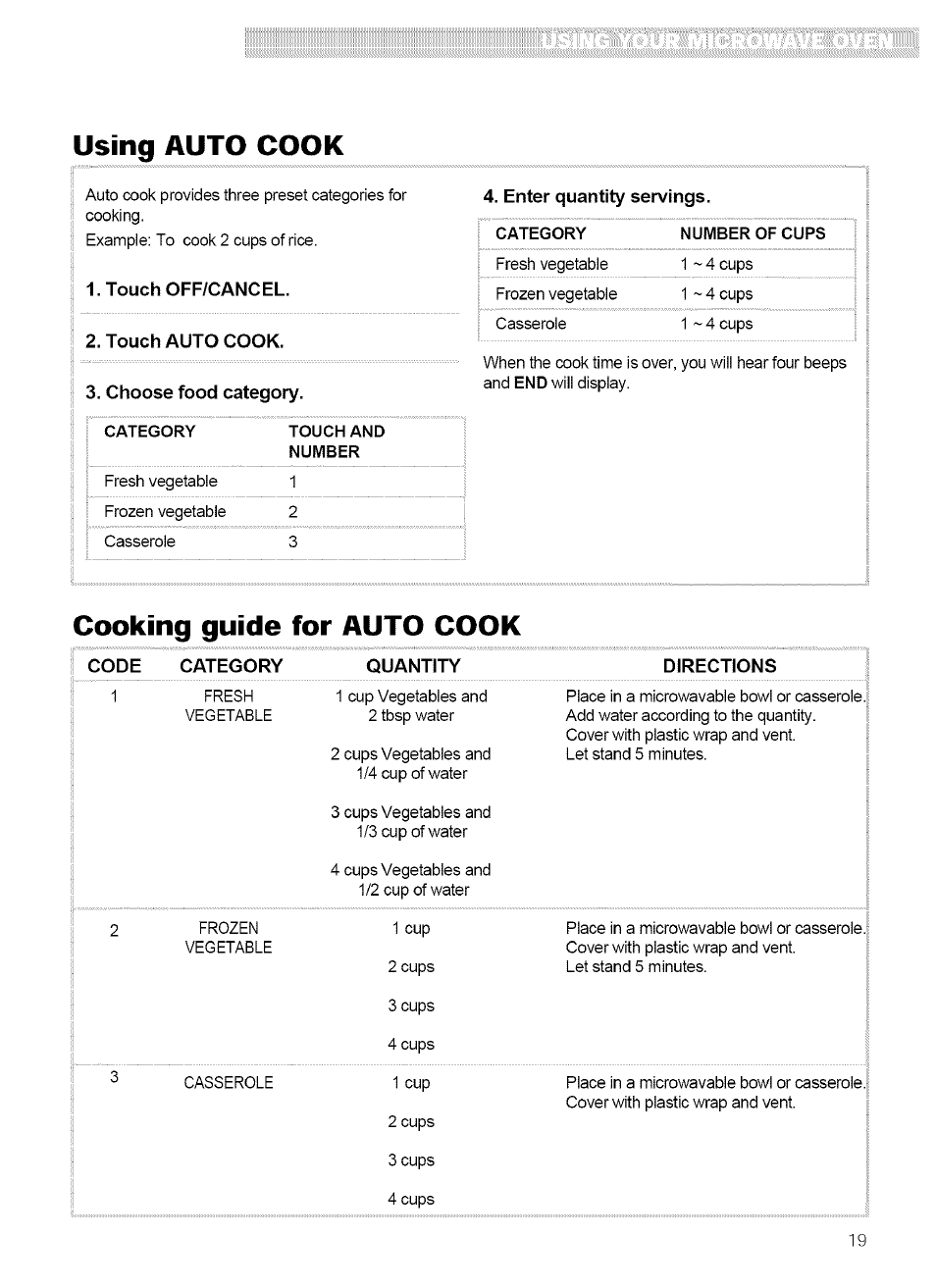 Using auto cook, Touch off/cancel, Touch auto cook | Choose food category, Enter quantity servings, Cooking guide for auto cook | Kenmore 721.62759 User Manual | Page 19 / 31