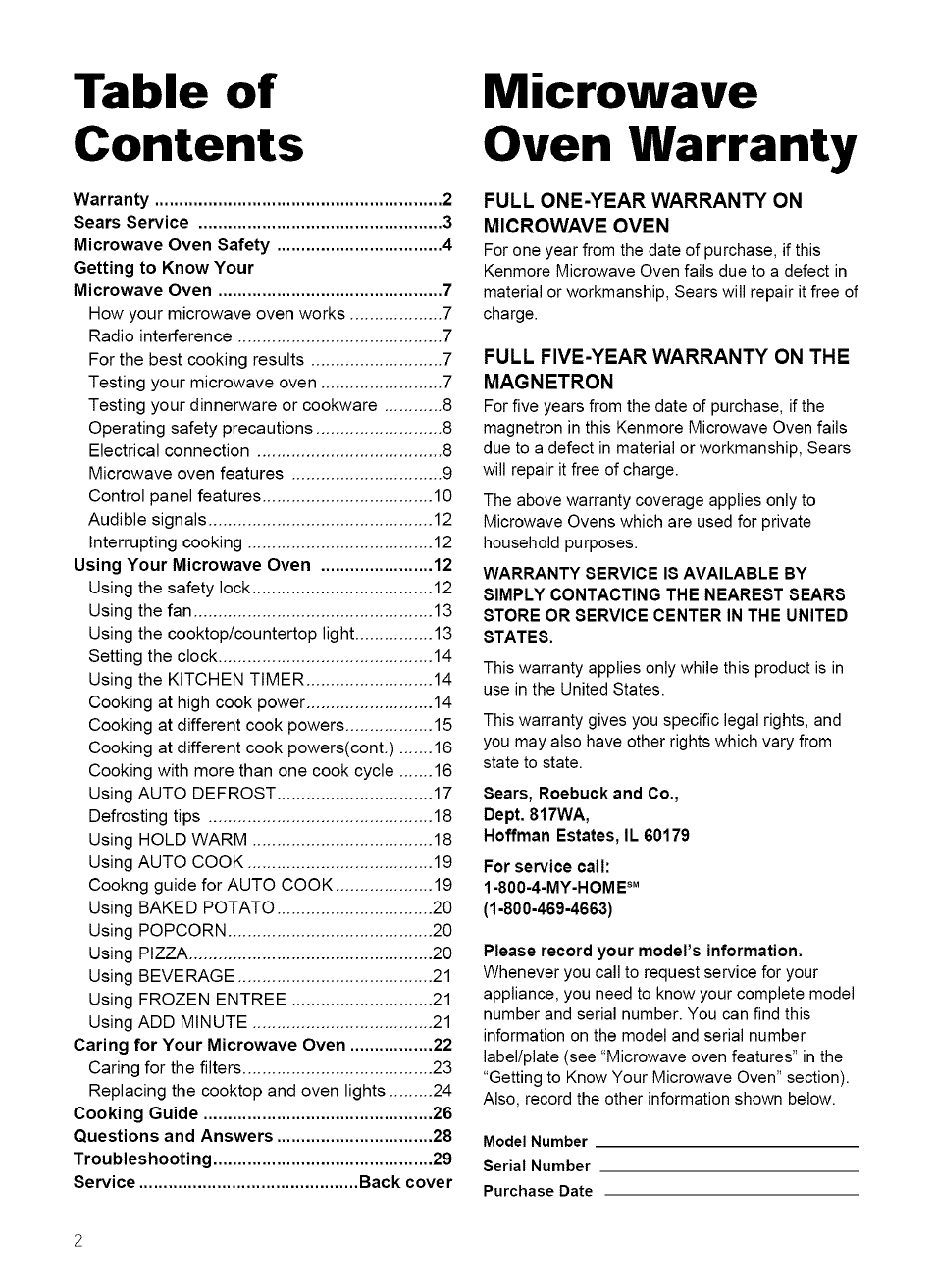 Microwave oven warranty, Table of contents microwave oven warranty | Kenmore 721.62759 User Manual | Page 2 / 31