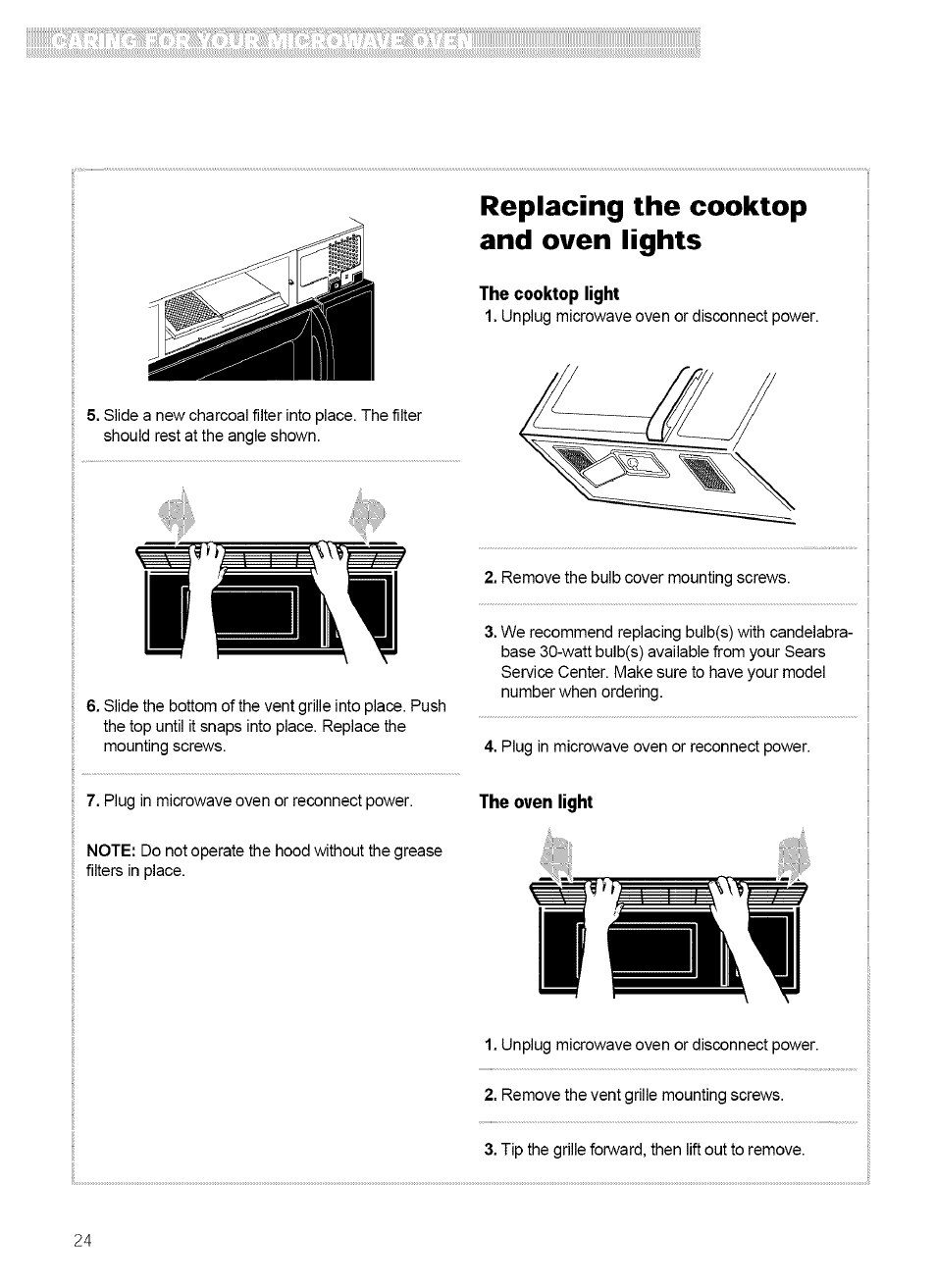 Replacing the cooktop and oven lights | Kenmore 721.62759 User Manual | Page 24 / 31