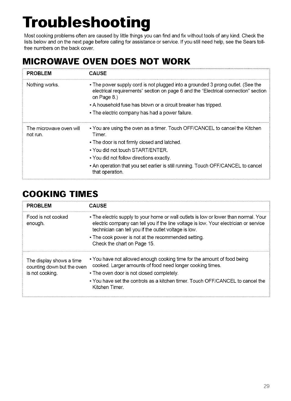 Troubleshooting, Microwave oven does not work, Cooking times | Kenmore 721.62759 User Manual | Page 29 / 31