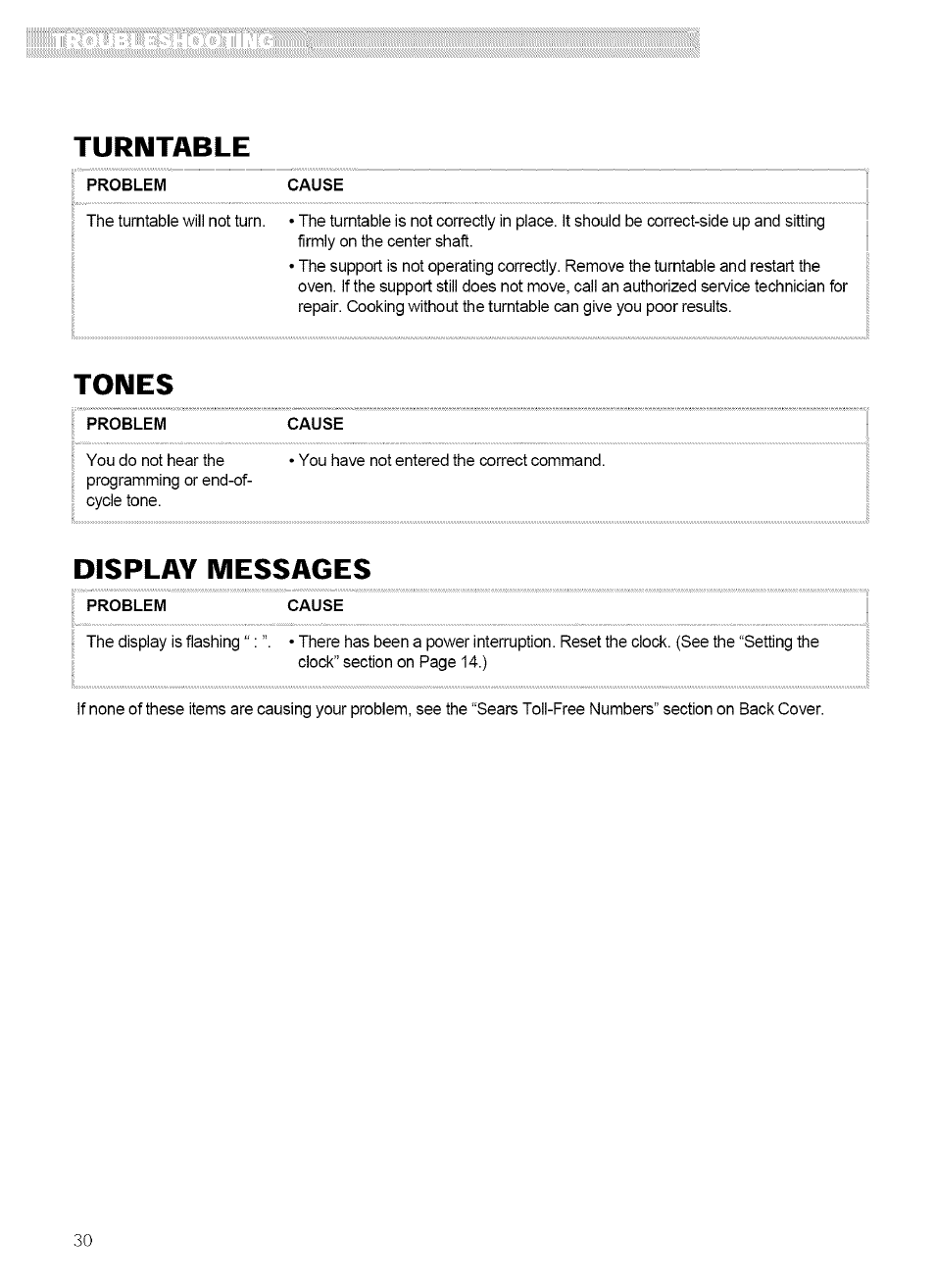 Turntable, Tones, Display messages | Kenmore 721.62759 User Manual | Page 30 / 31