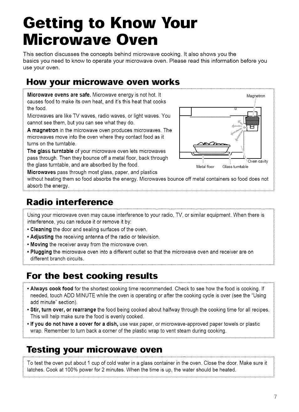 Getting to know your microwave oven, How your microwave oven works, Radio interference | For the best cooking results, Testing your microwave oven | Kenmore 721.62759 User Manual | Page 7 / 31