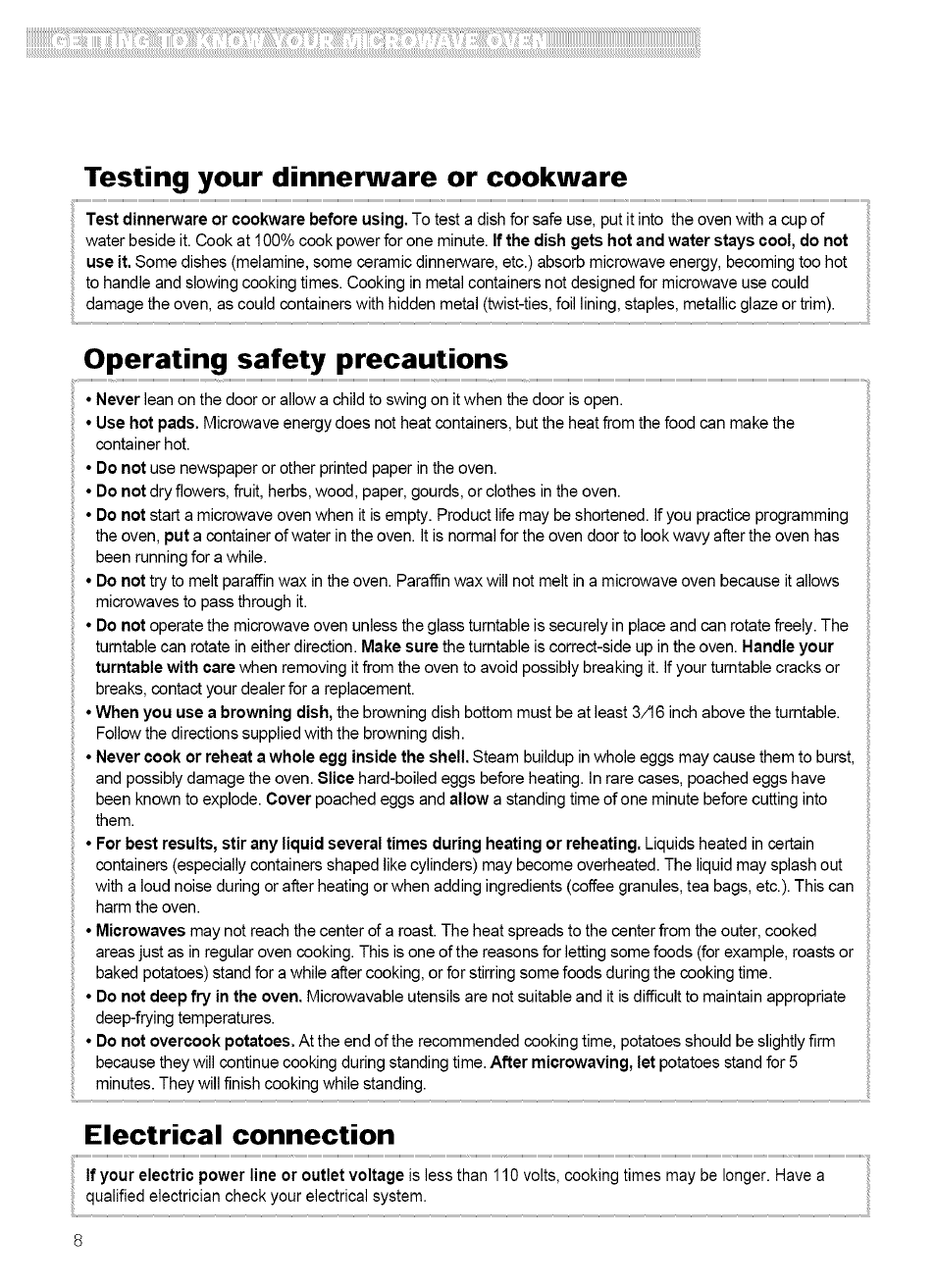 Testing your dinnerware or cookware, Operating safety precautions, Electrical connection | Kenmore 721.62759 User Manual | Page 8 / 31