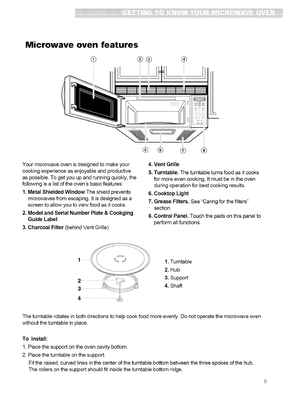 Microwave oven features, Vent grille, Cooktop light | To install | Kenmore 721.62759 User Manual | Page 9 / 31