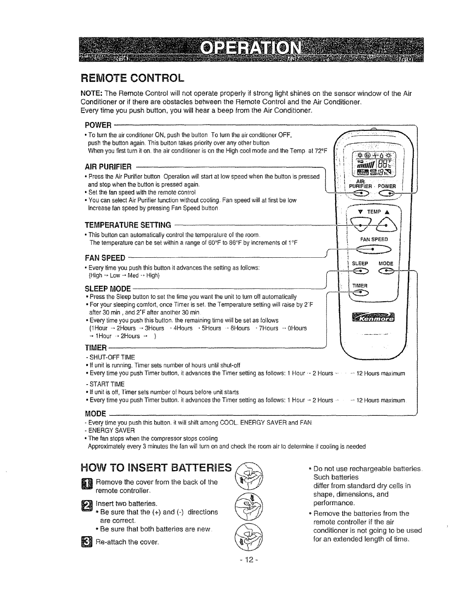 Remote control, How to insert batteries | Kenmore 580. 72089 User Manual | Page 12 / 40