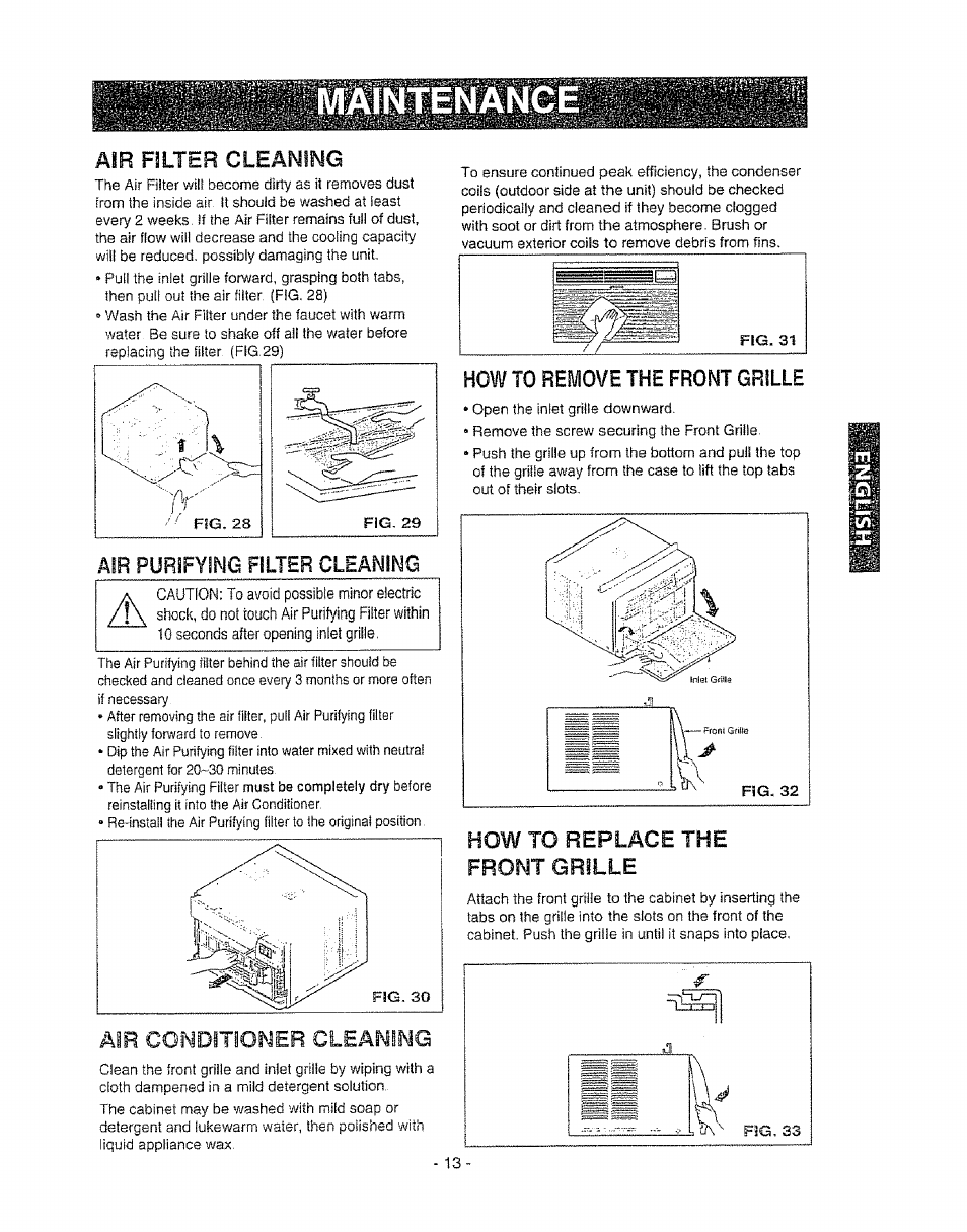 Air filter cleaning, Air purifying filter cleaning, How to replace the front grille | Air conditioner cleaning, How to remove the front grille | Kenmore 580. 72089 User Manual | Page 13 / 40