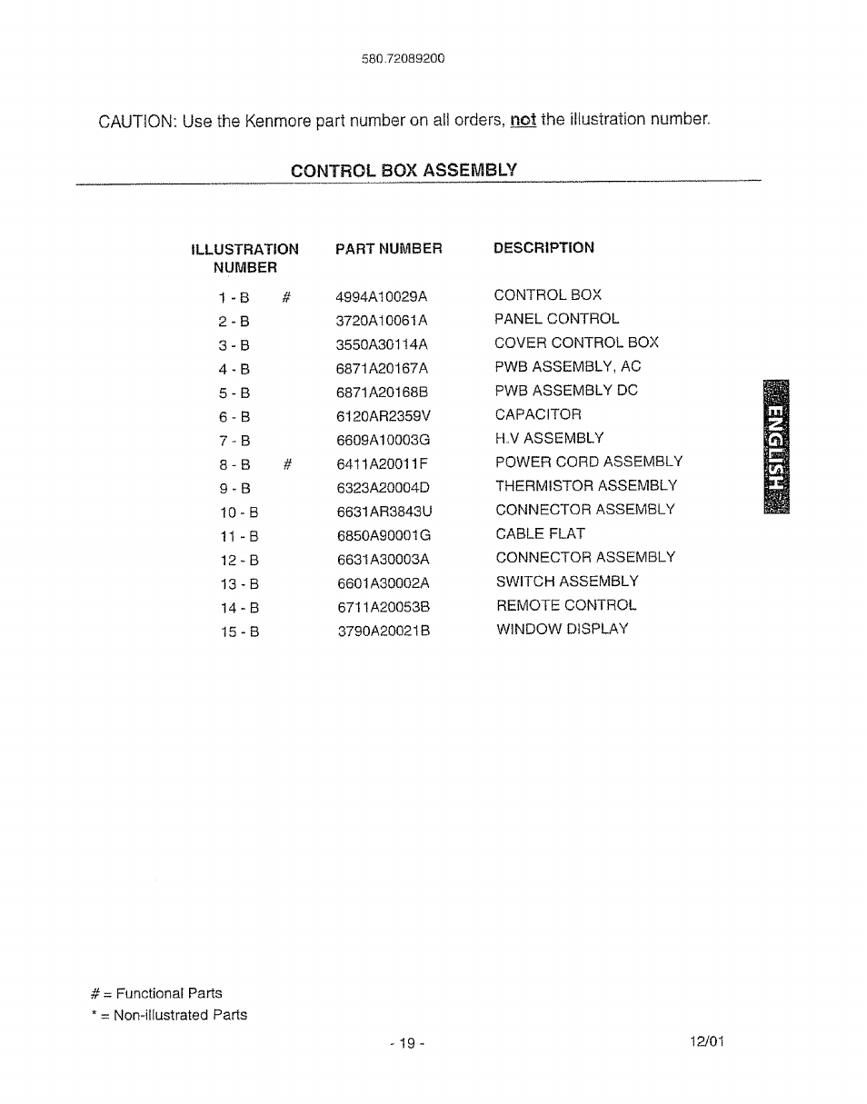 Control box assembly | Kenmore 580. 72089 User Manual | Page 19 / 40