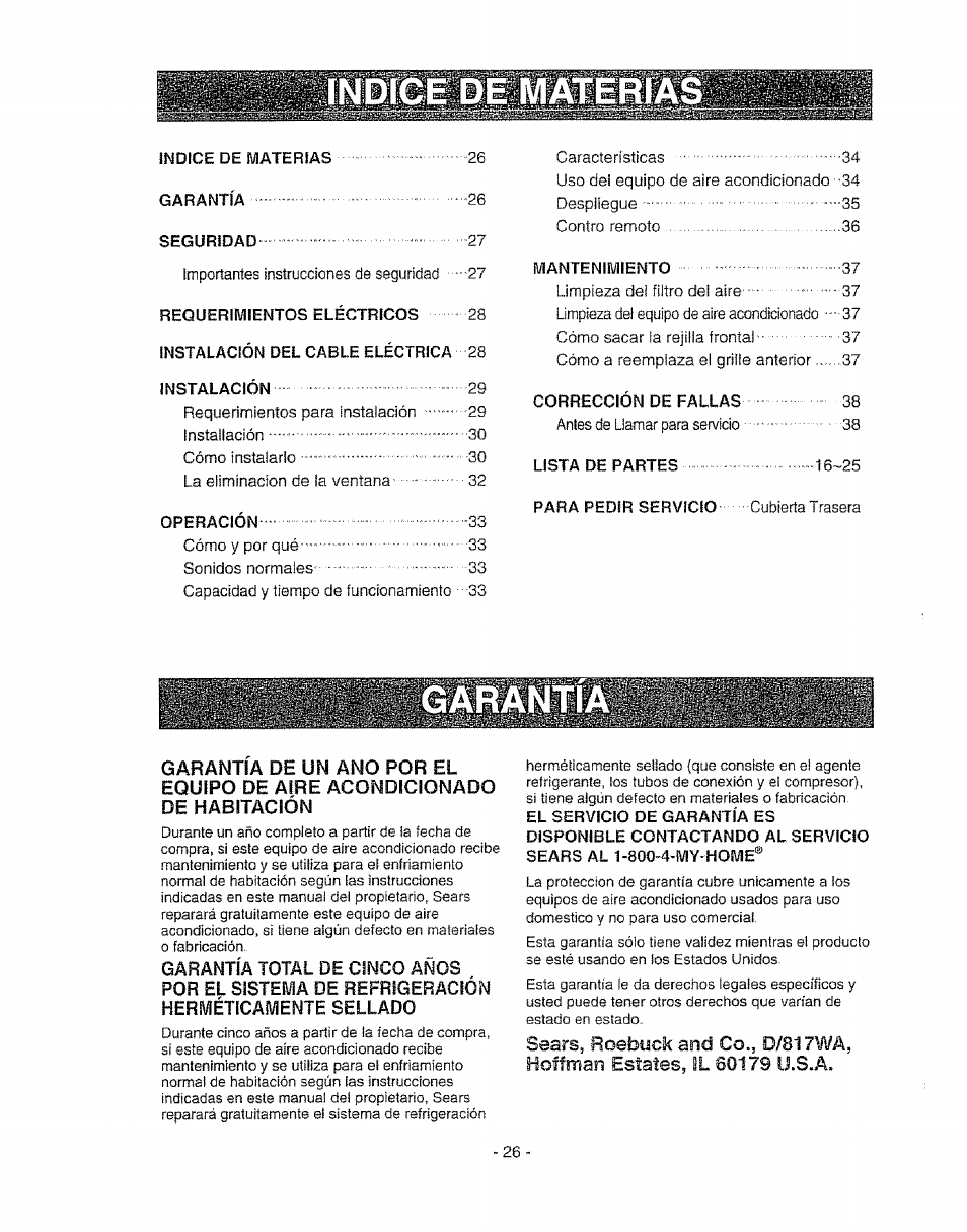Para pedir servicio cubierta trasera, Equípo de aire acondicionado de habitación | Kenmore 580. 72089 User Manual | Page 26 / 40