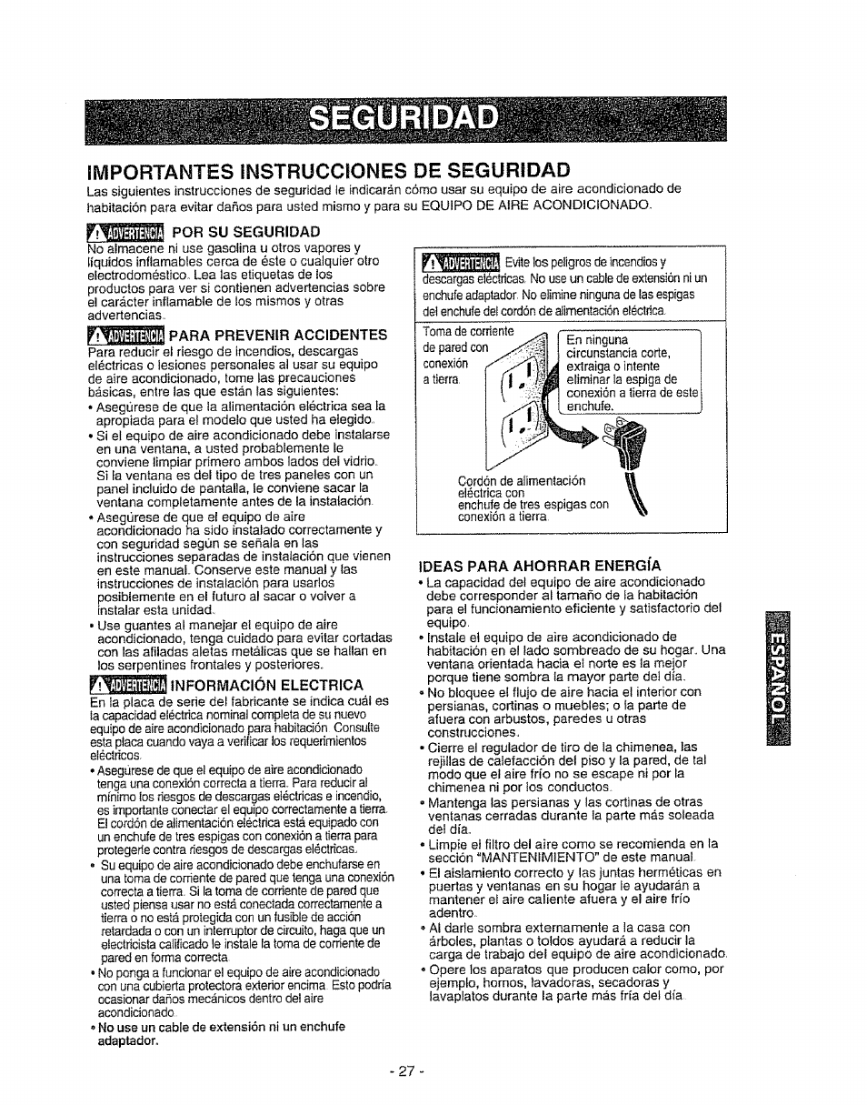 Para prevenir accidentes, Información electrica, Ideas para ahorrar energia | Importantes instrucciones de seguridad | Kenmore 580. 72089 User Manual | Page 27 / 40