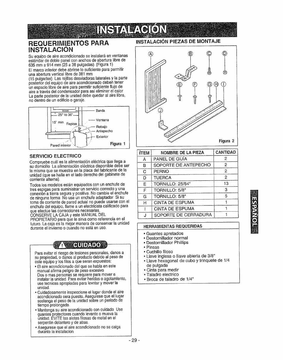 Instalación piezas de montaje, Servicio electrico, Requerimientos para instalacion | Kenmore 580. 72089 User Manual | Page 29 / 40